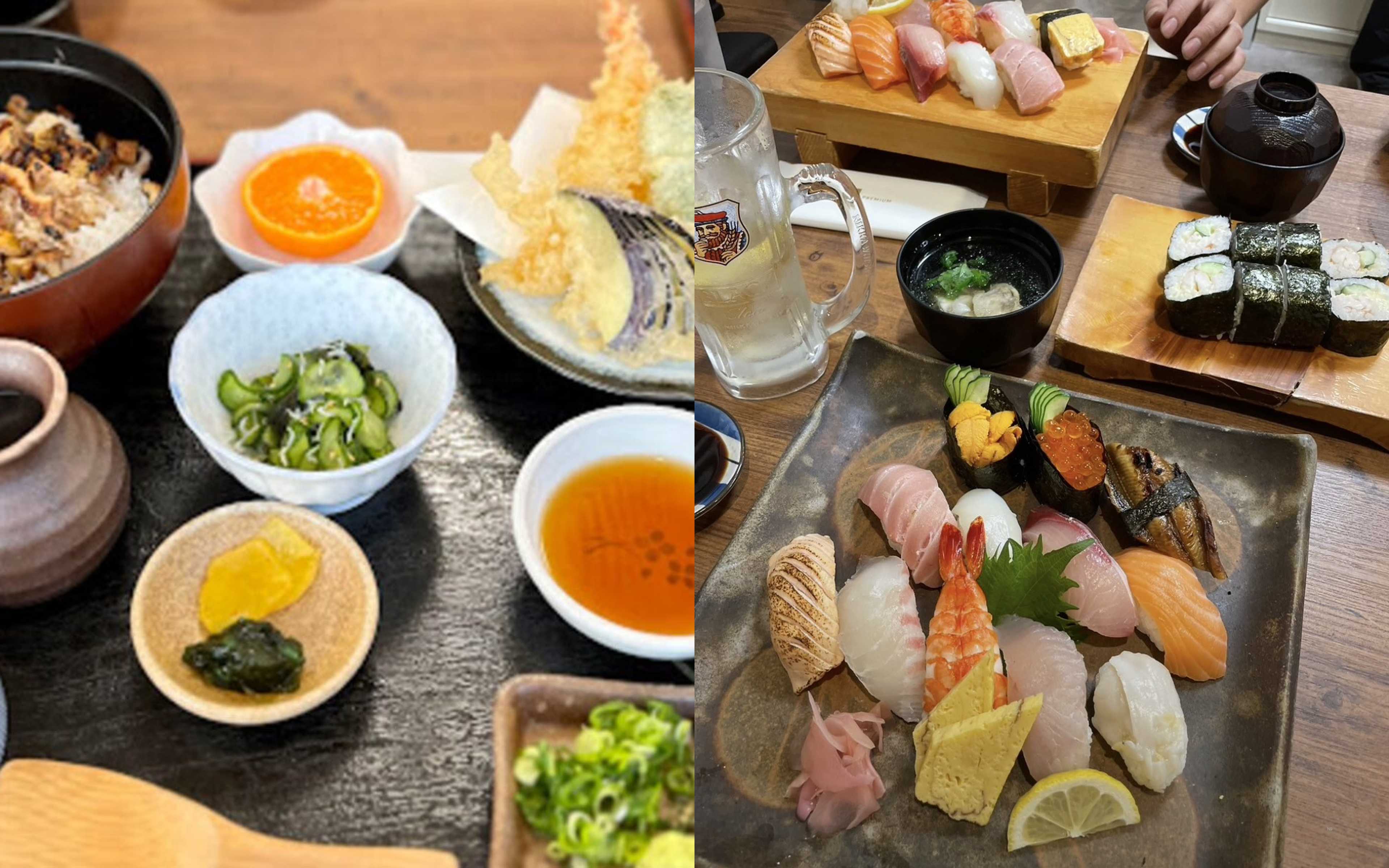 A conger eel rice bowl with tempura and side dishes, and a clay pot of oysters