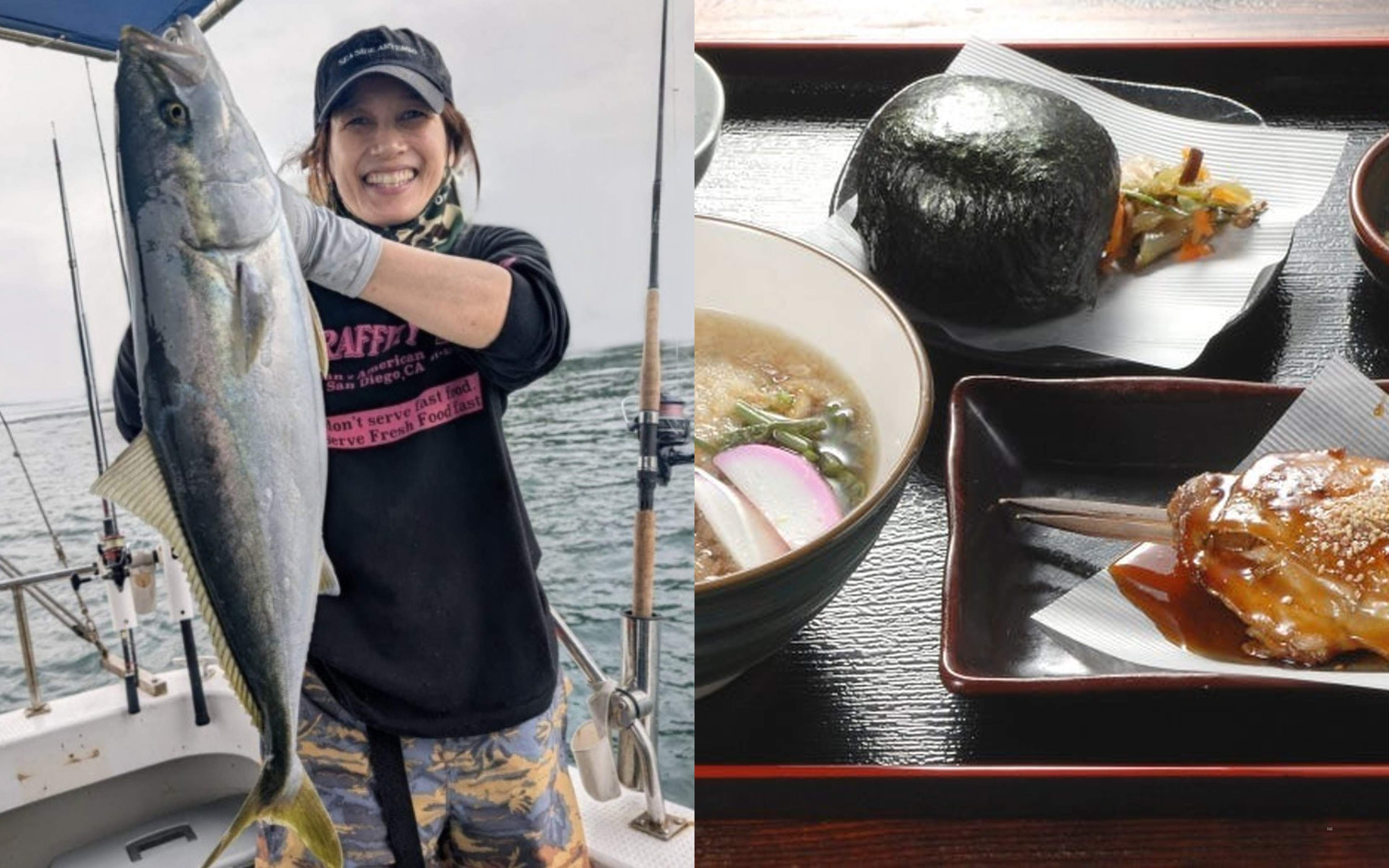 An angler holding a large amberjack, and a tray of udon, a rice ball and grilled meat