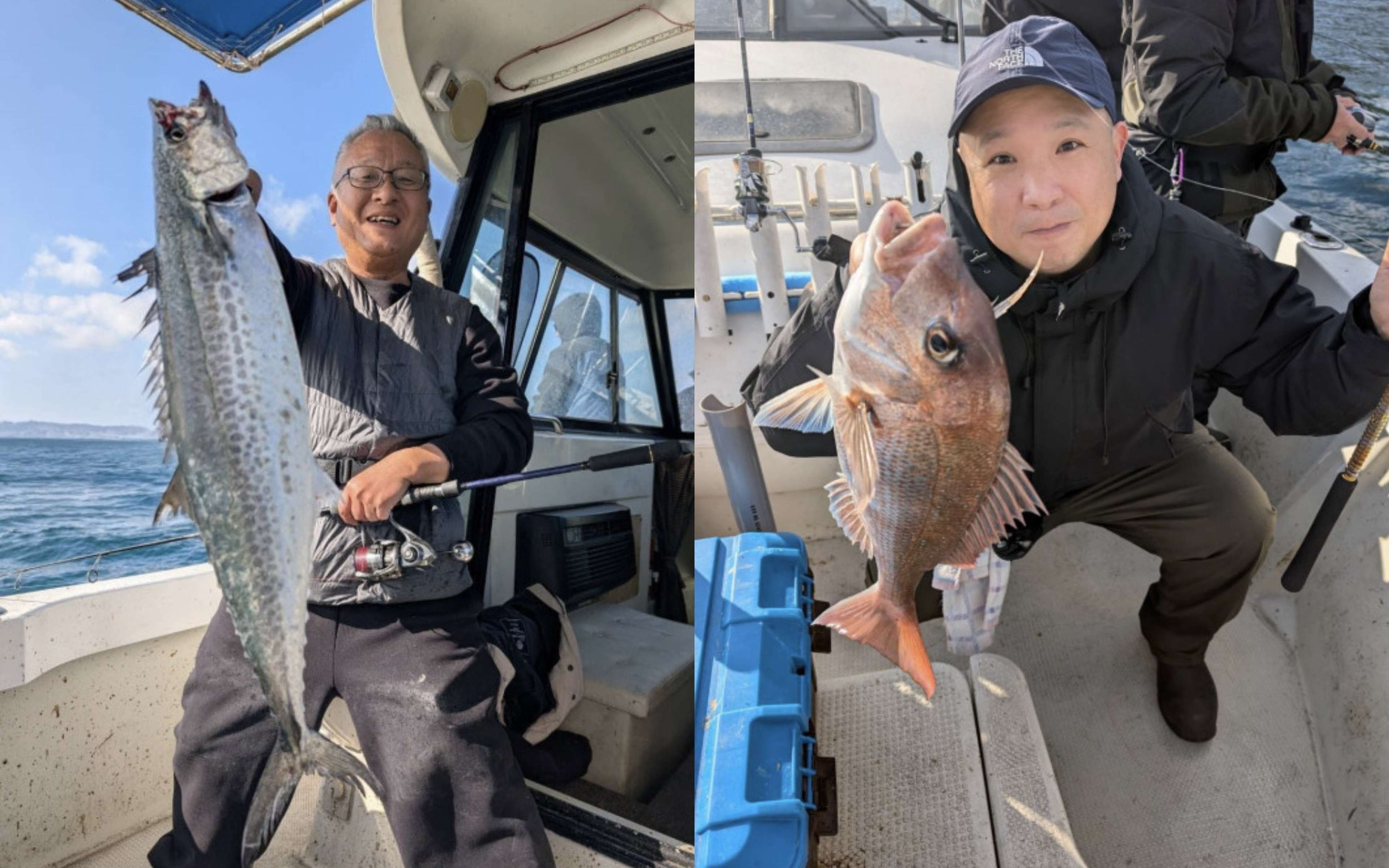 An angler with a Japanese Spanish mackerel, and another holding a red sea bream