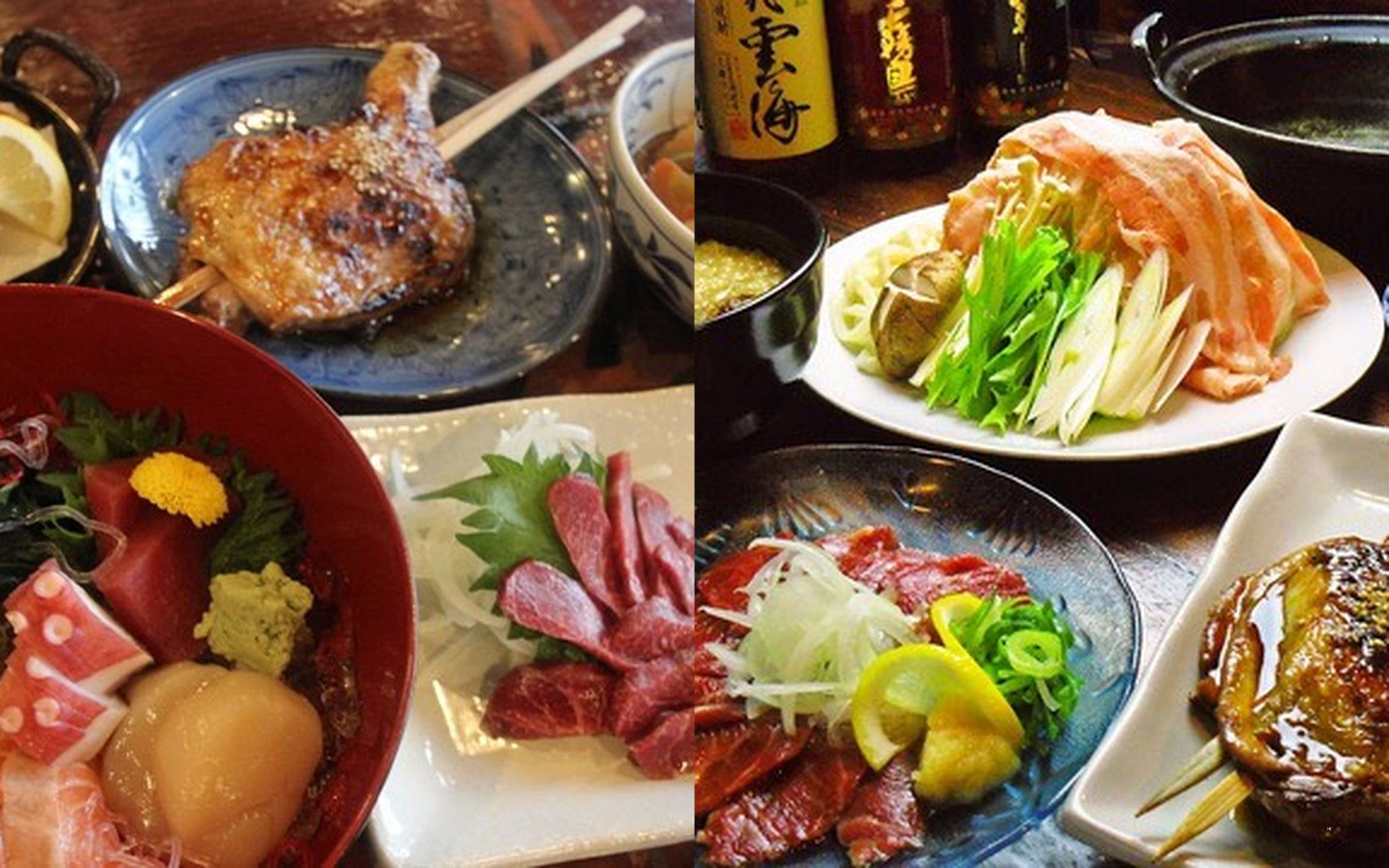 A seafood rice bowl with sashimi, and a plate of hotpot ingredients