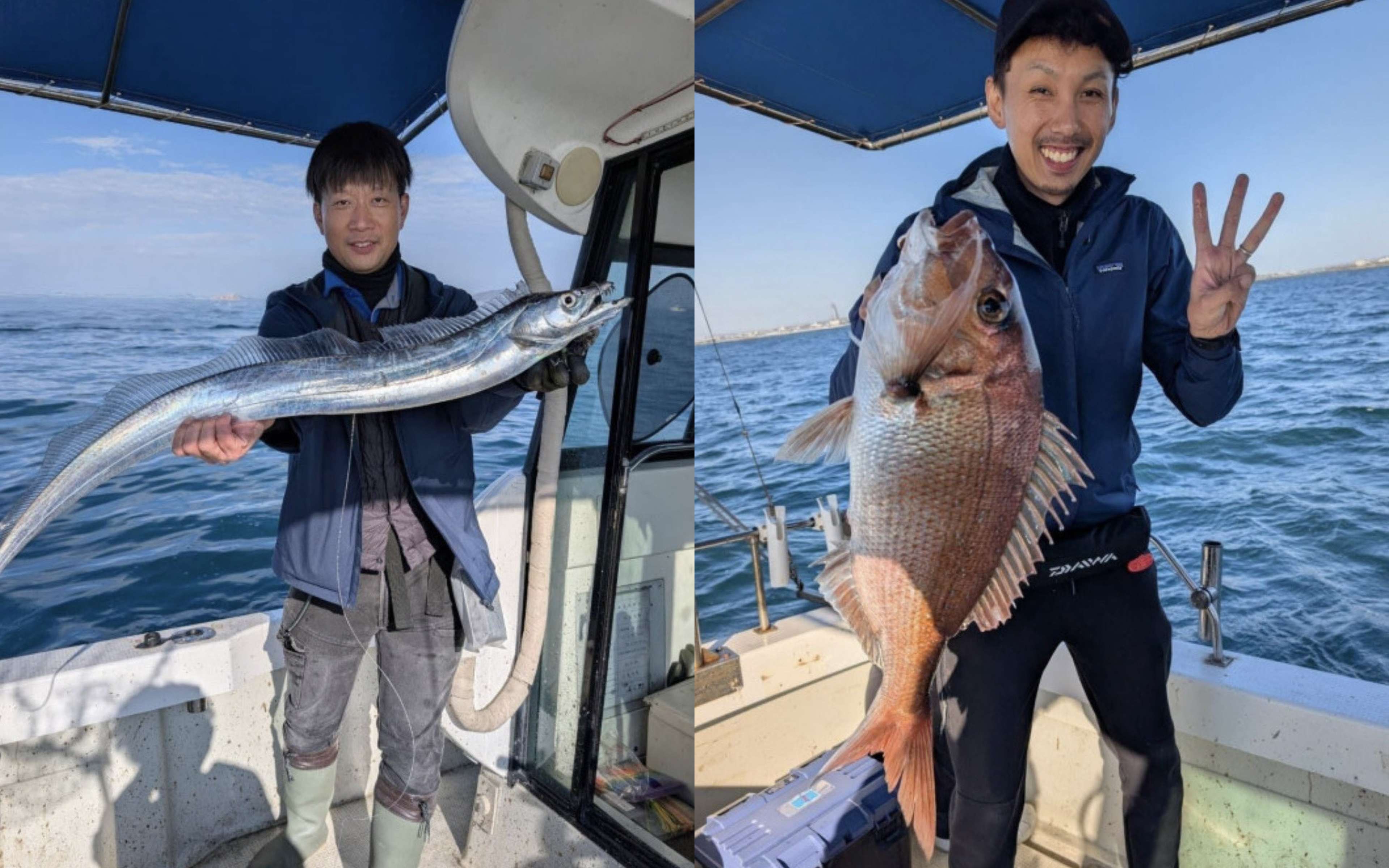 An angler holding a hairtail out flat, and another with a deep-bodied red sea bream