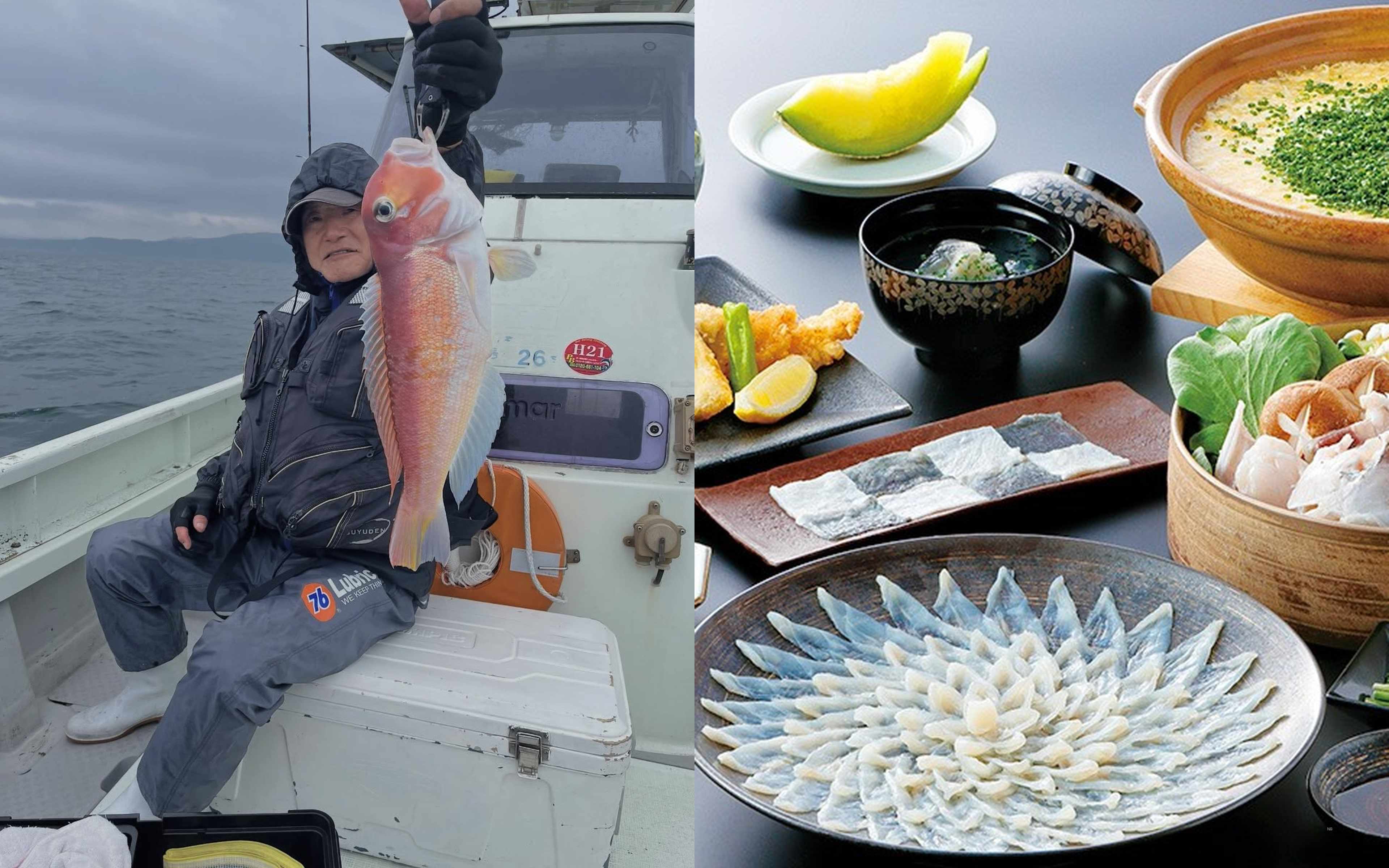 An angler holding up a tilefish under a grey sky, and a pufferfish course with sashimi, fried fugu and hotpot