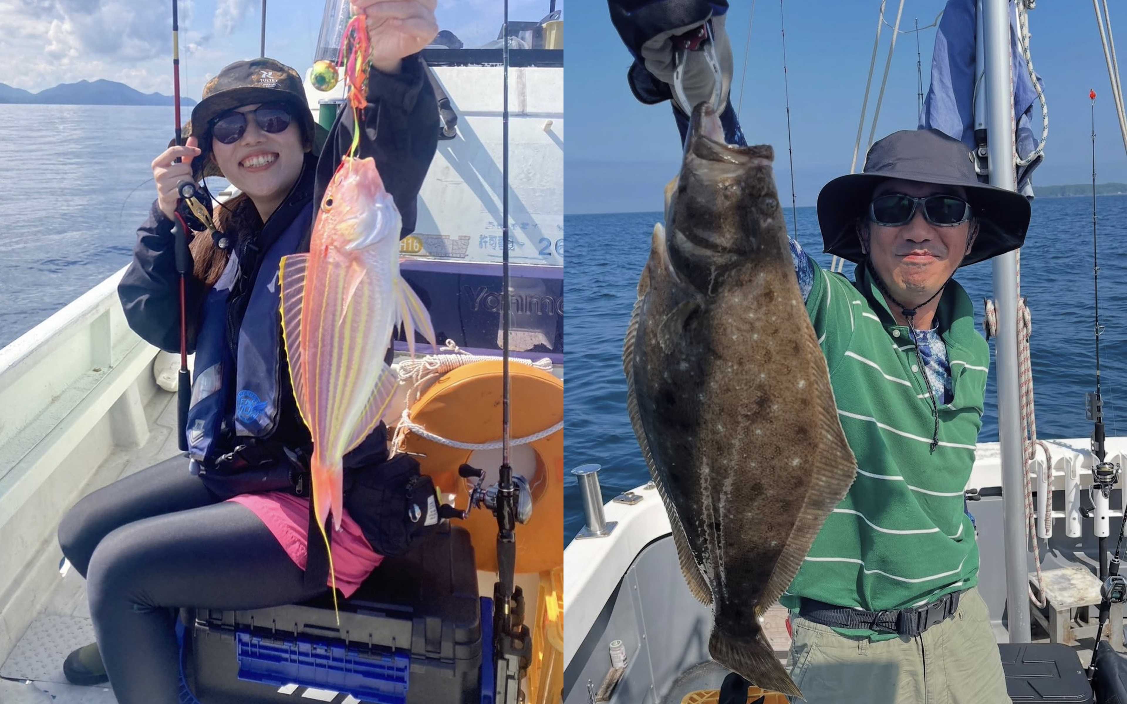 A woman holding a threadfin bream, and an angler lifting a large flounder