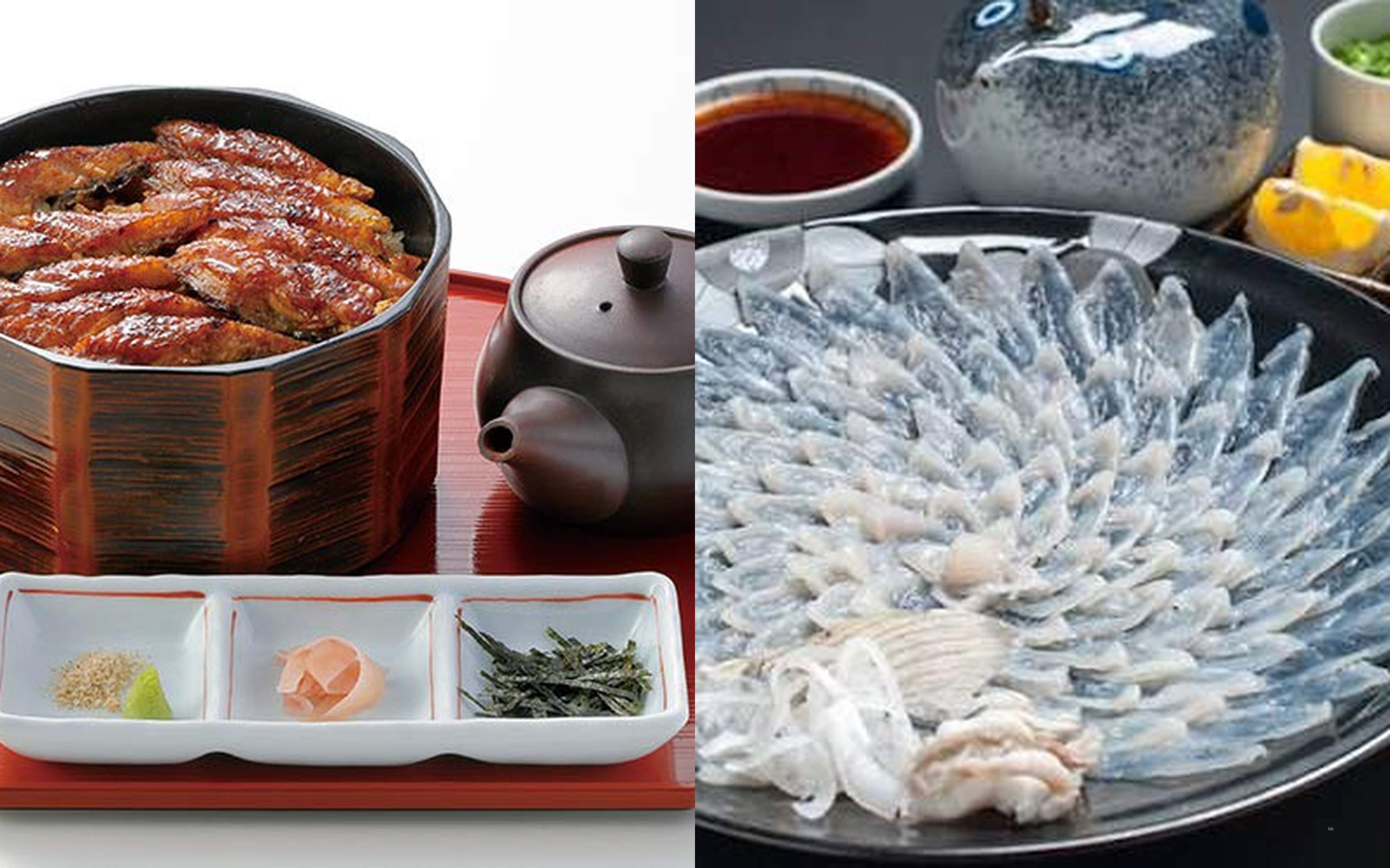 Hitsumabushi grilled eel in a lacquered box, and thin-sliced pufferfish sashimi fanned across a platter