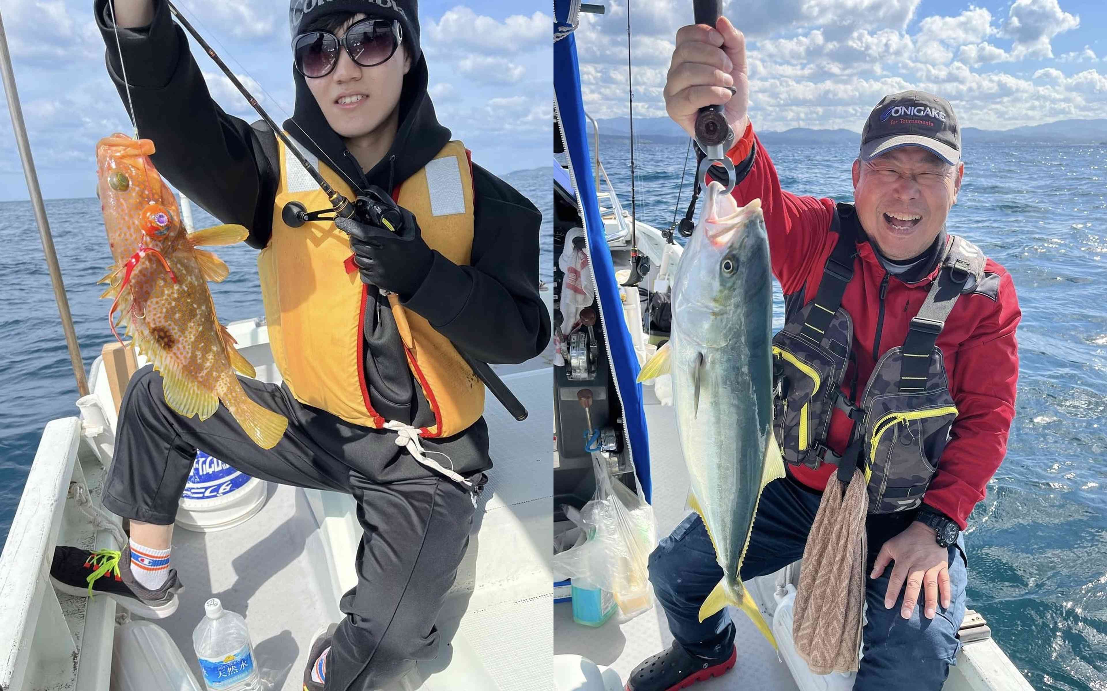 A scorpionfish caught on a tai-rubber, and a grinning angler with a yellowtail