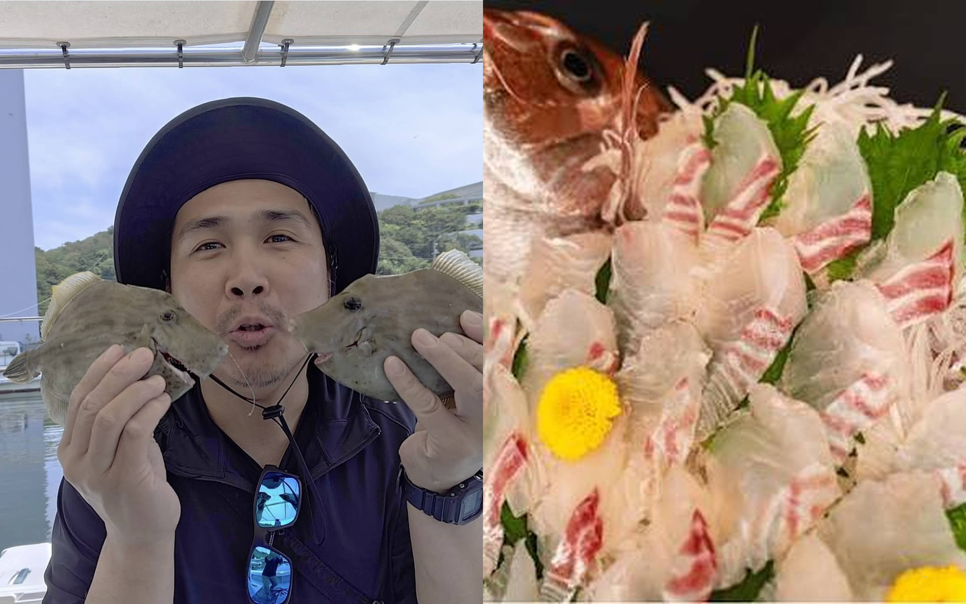 An angler holding a filefish in each hand, and a whole sea bream served as sashimi