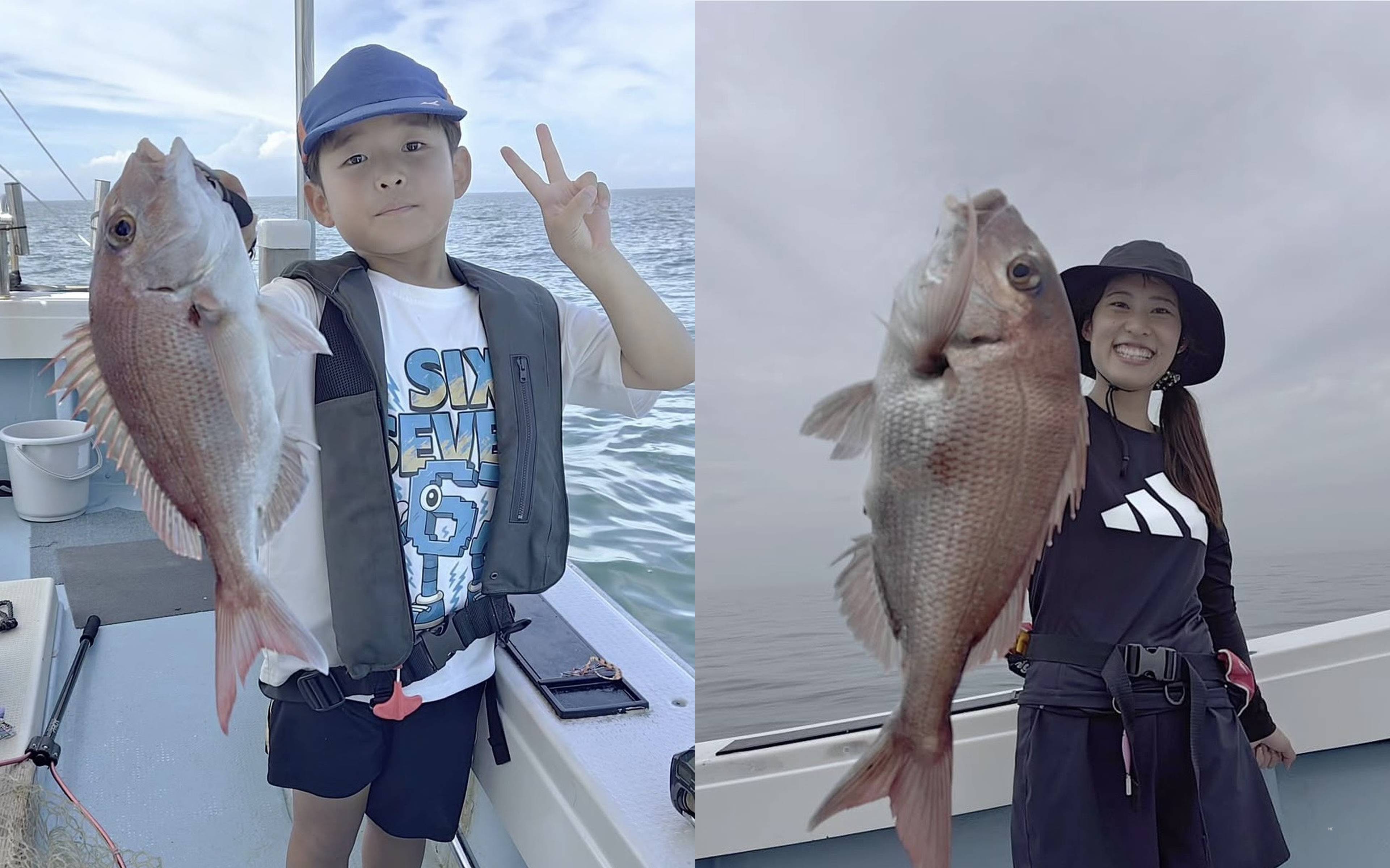 A boy flashing a peace sign with his red sea bream, and a woman holding hers