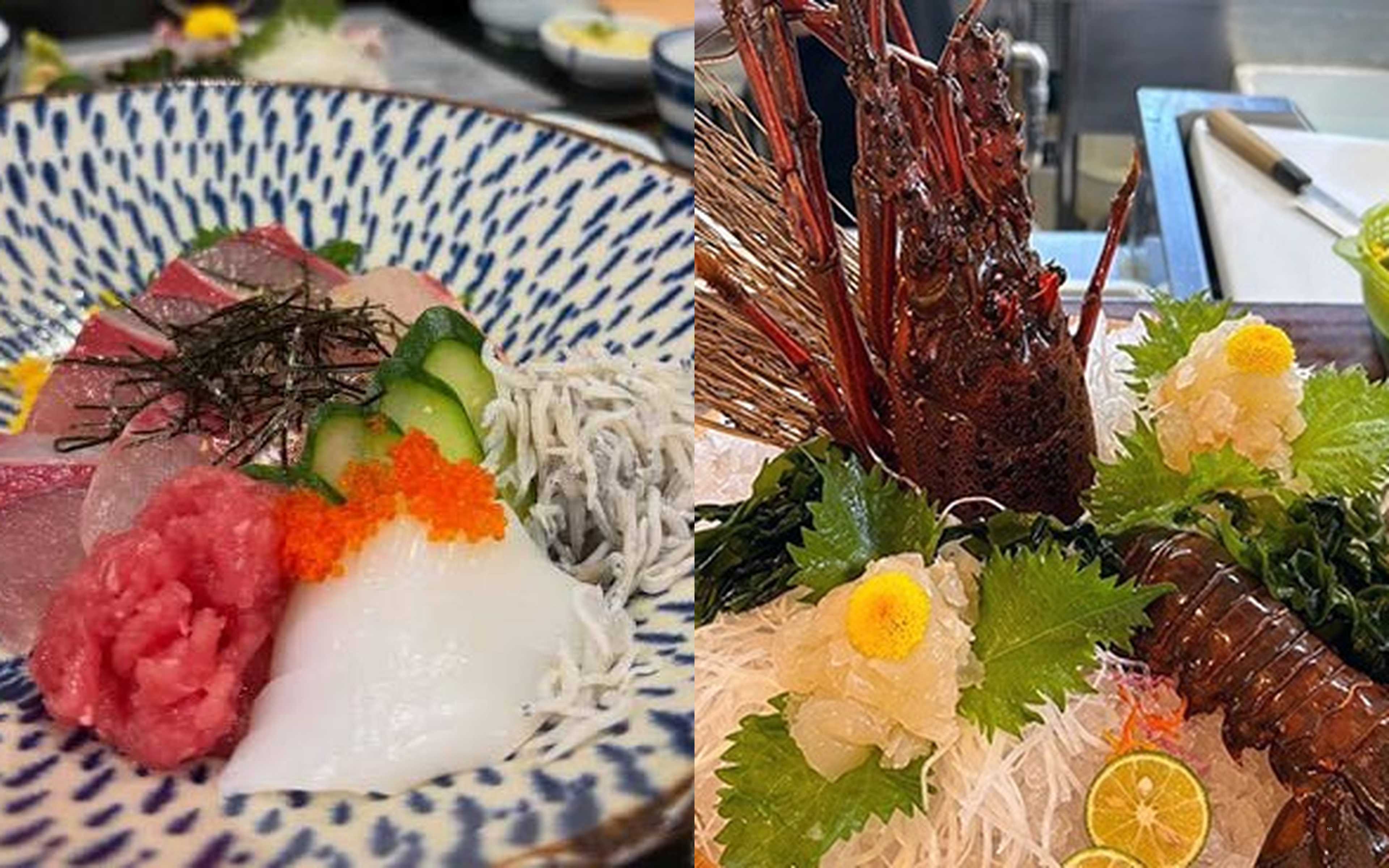 A seafood rice bowl with tuna, whitebait and salmon roe, and a spiny lobster served as sashimi