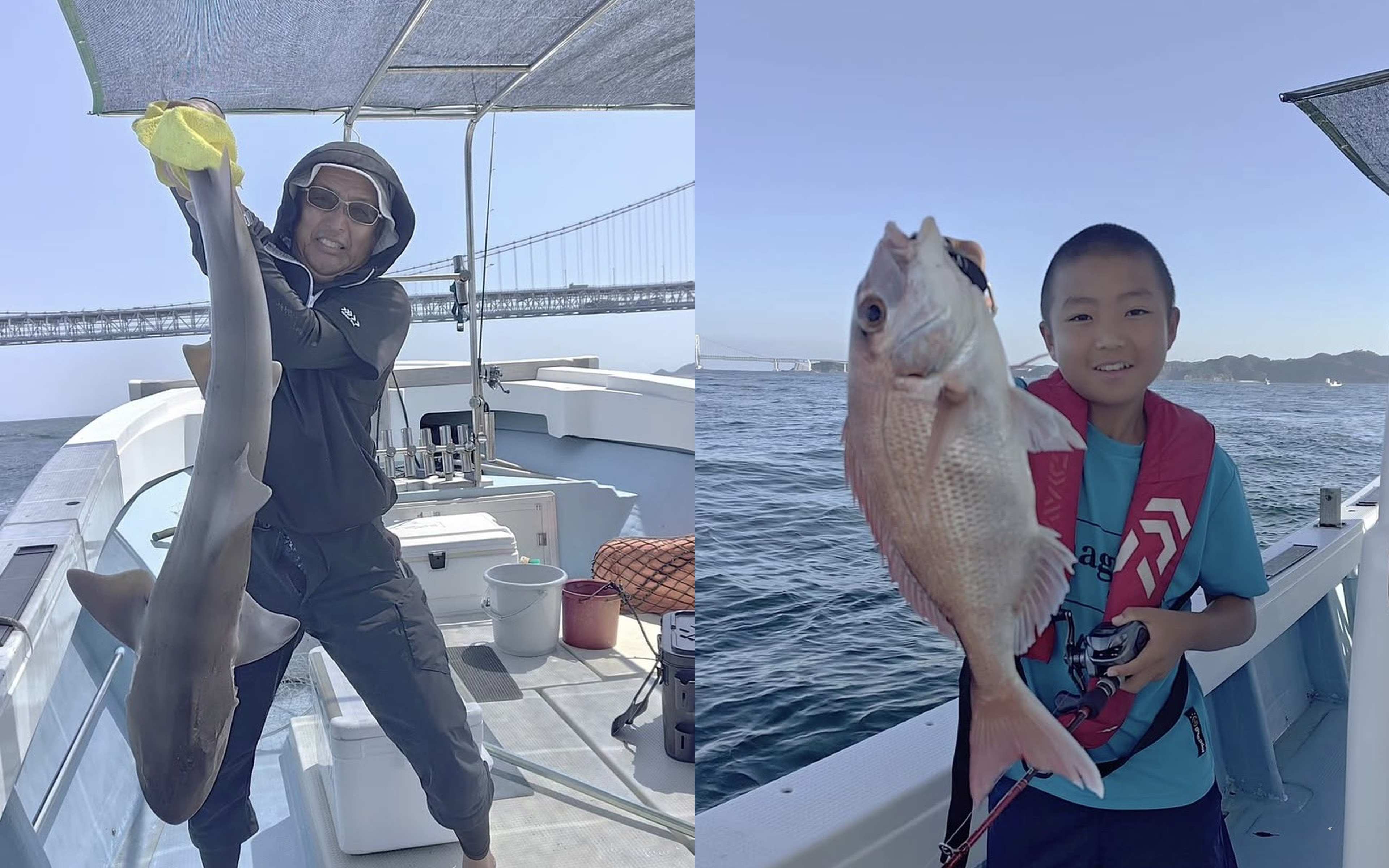 An angler holding up a small shark with the Onaruto Bridge behind, and a boy in a red life jacket with a red sea bream