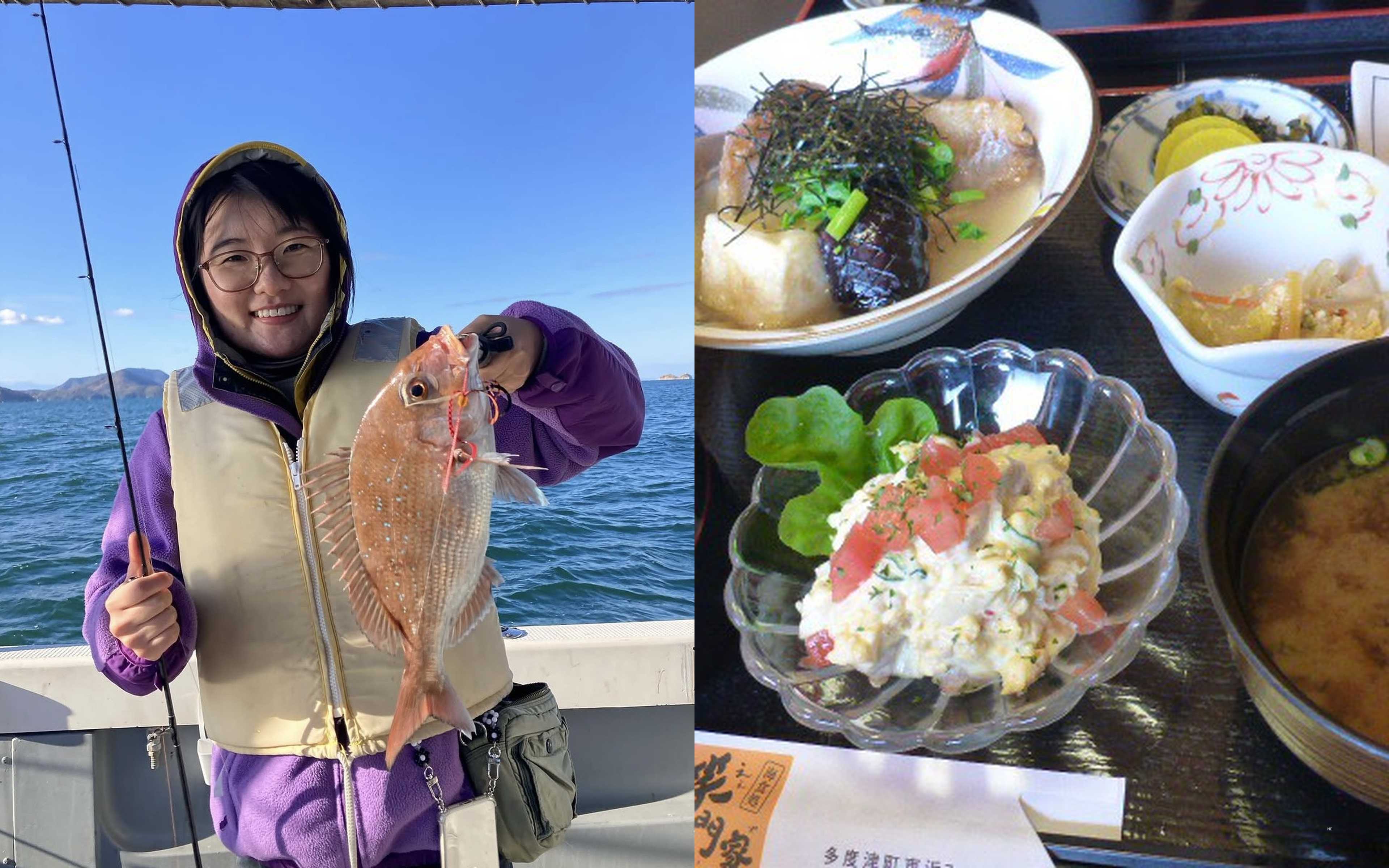 A woman holding up a red sea bream caught on a tai-rubber, and a set meal of simmered fish and side dishes