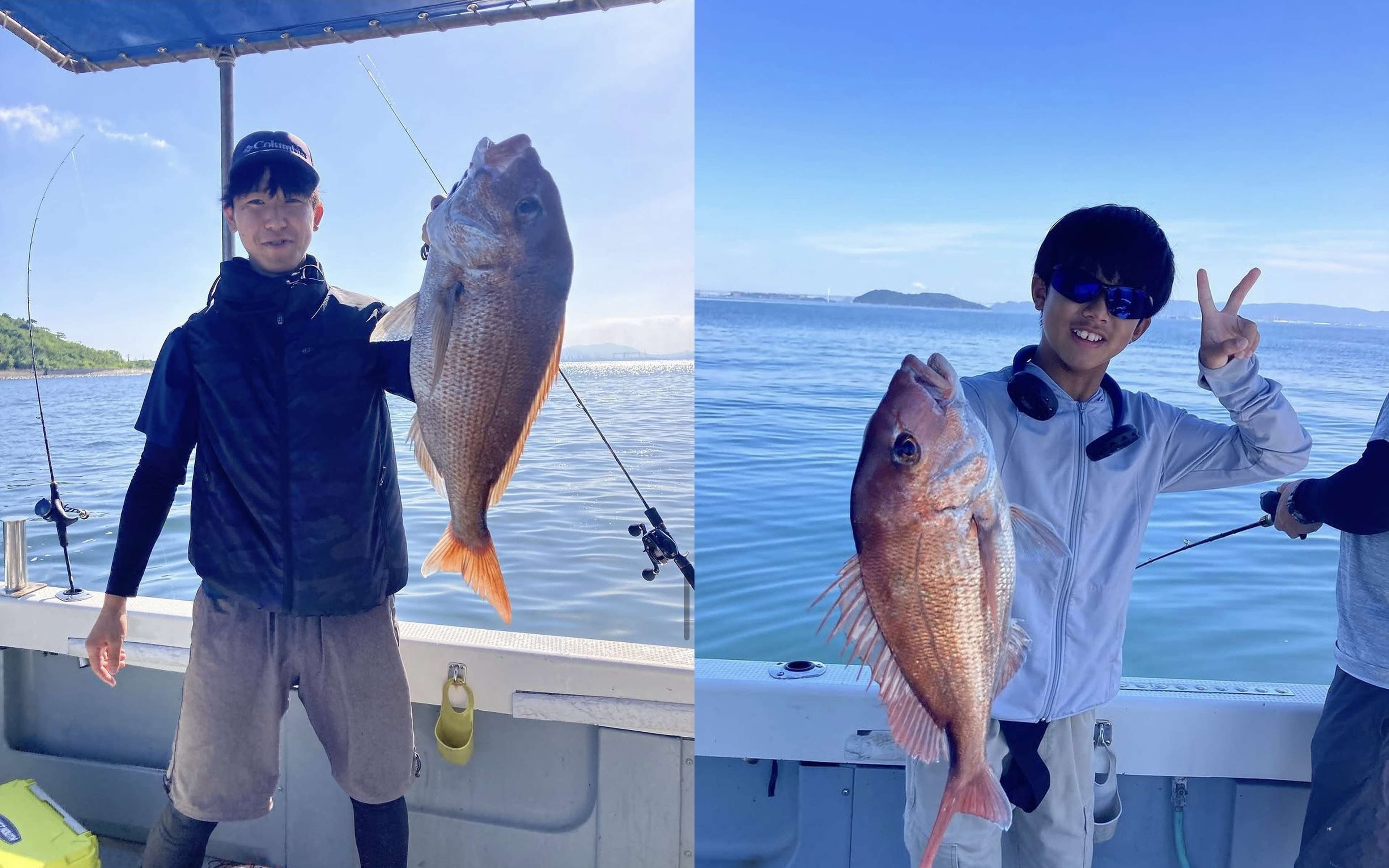 A man holding a large red sea bream, and a boy with his red sea bream giving a peace sign