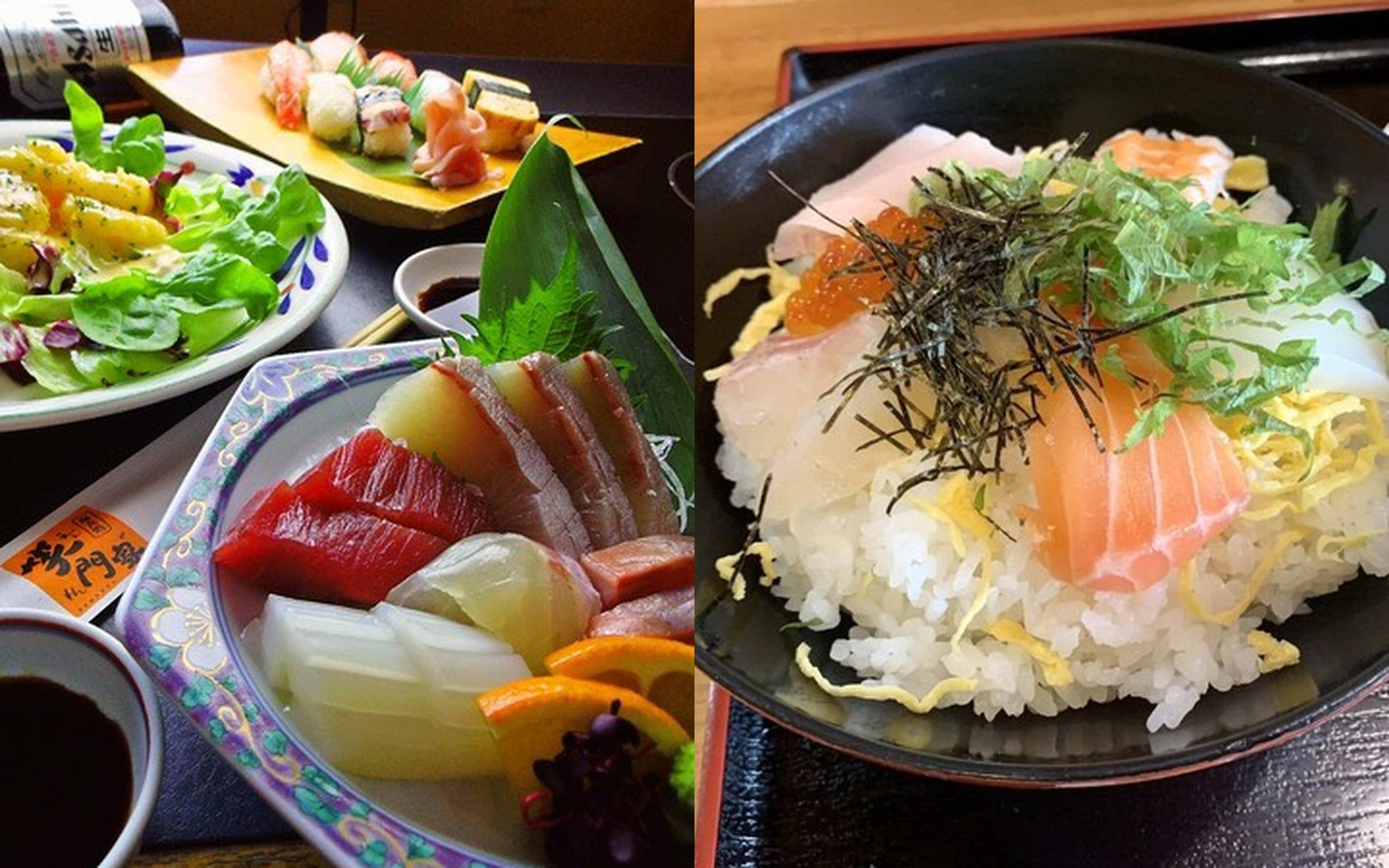 A platter of sashimi and nigiri sushi, and a seafood rice bowl with salmon and roe