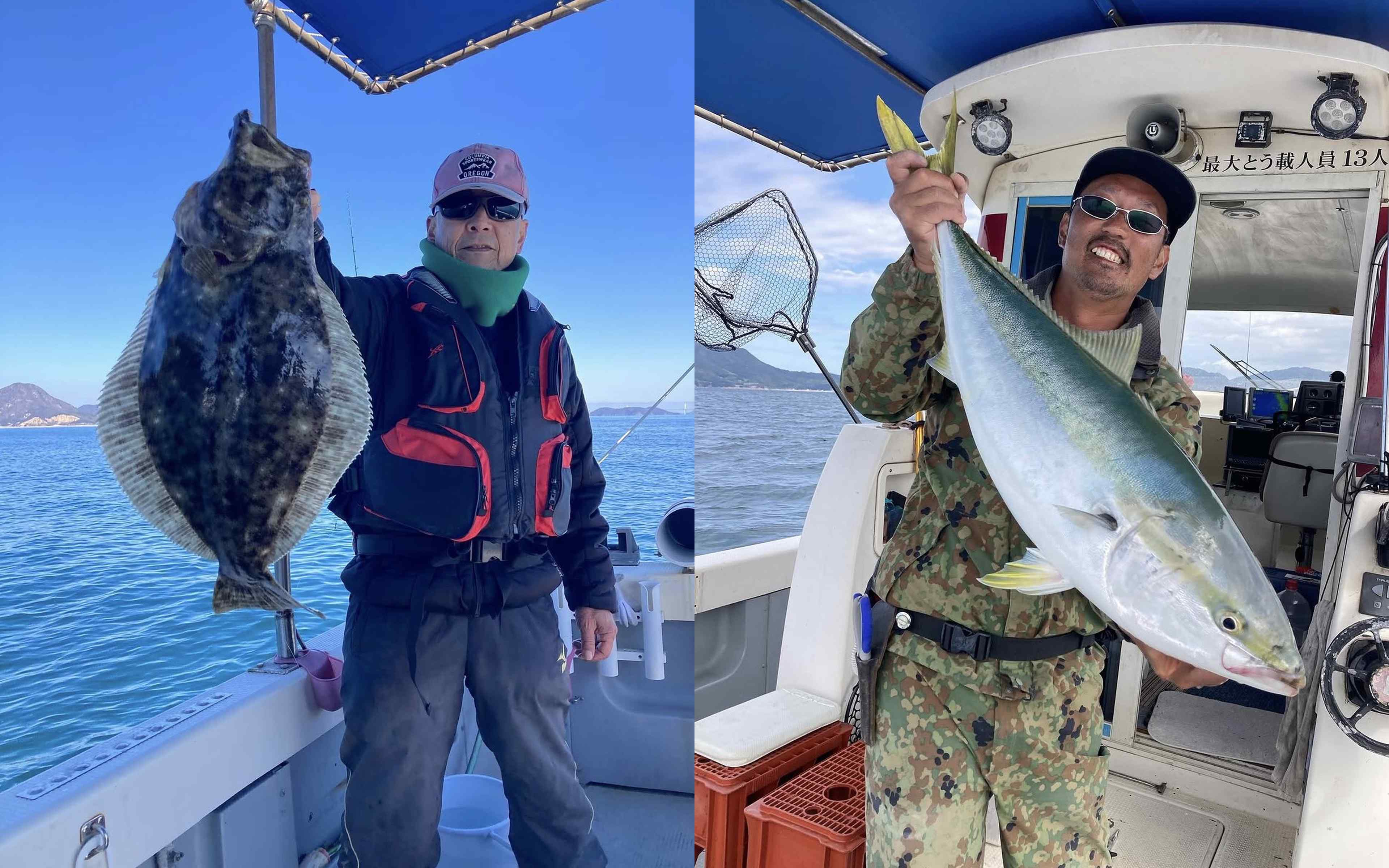 An older angler with a flounder, and an angler hugging a yellowtail in front of the wheelhouse
