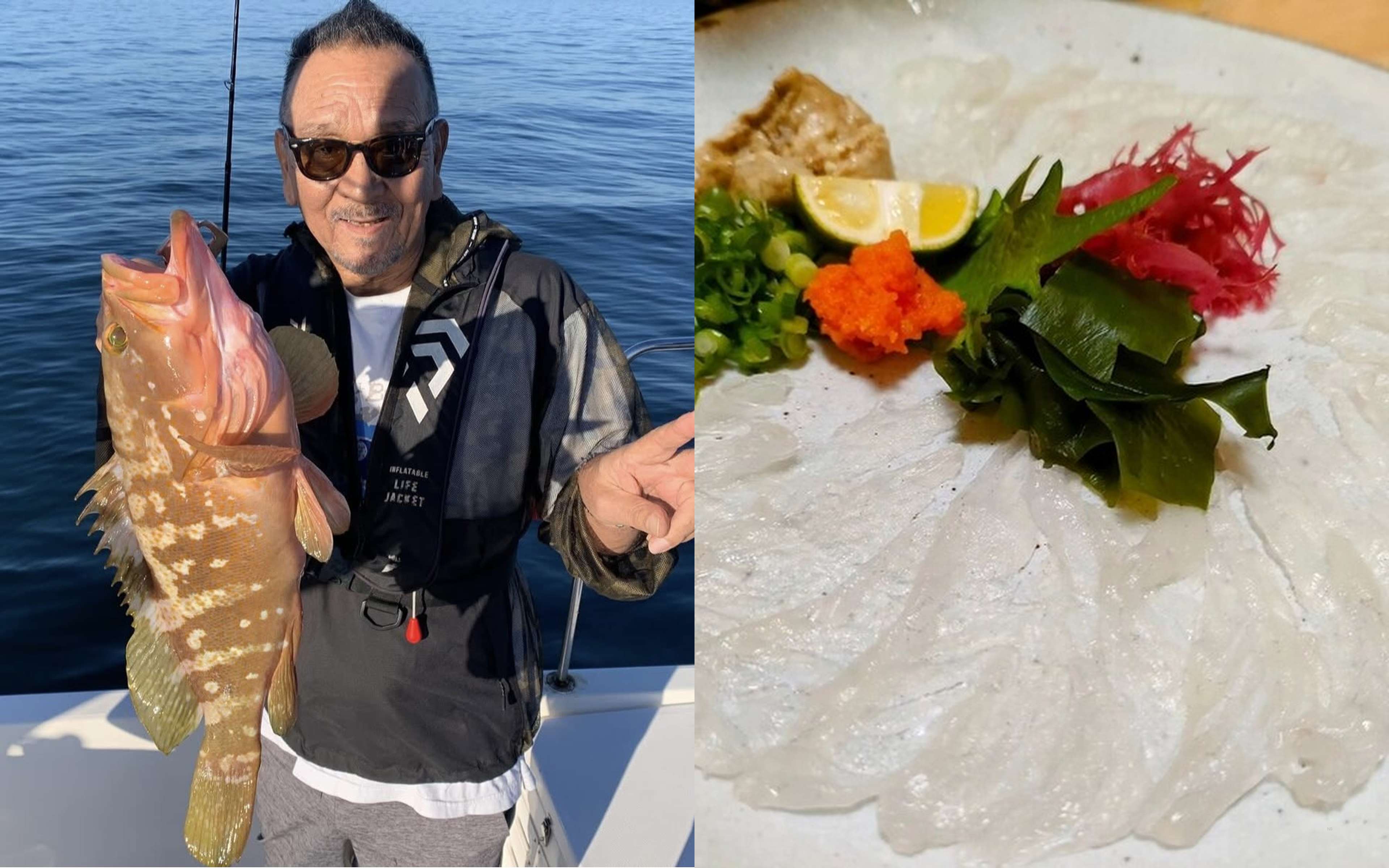 An angler holding a grouper, and a plate of thinly sliced white-fish sashimi