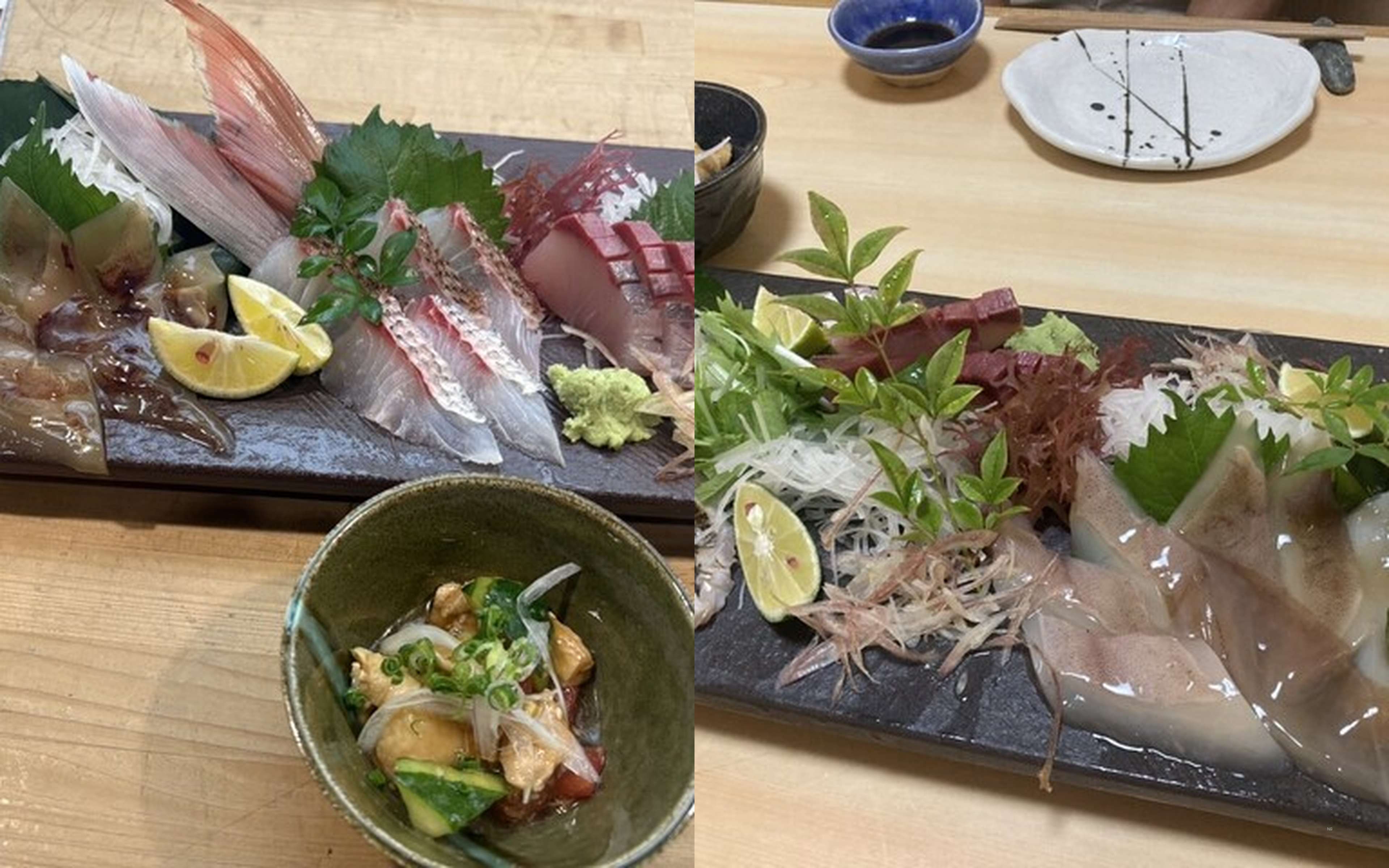 A sashimi platter with a small side dish, and a plate of translucent sashimi