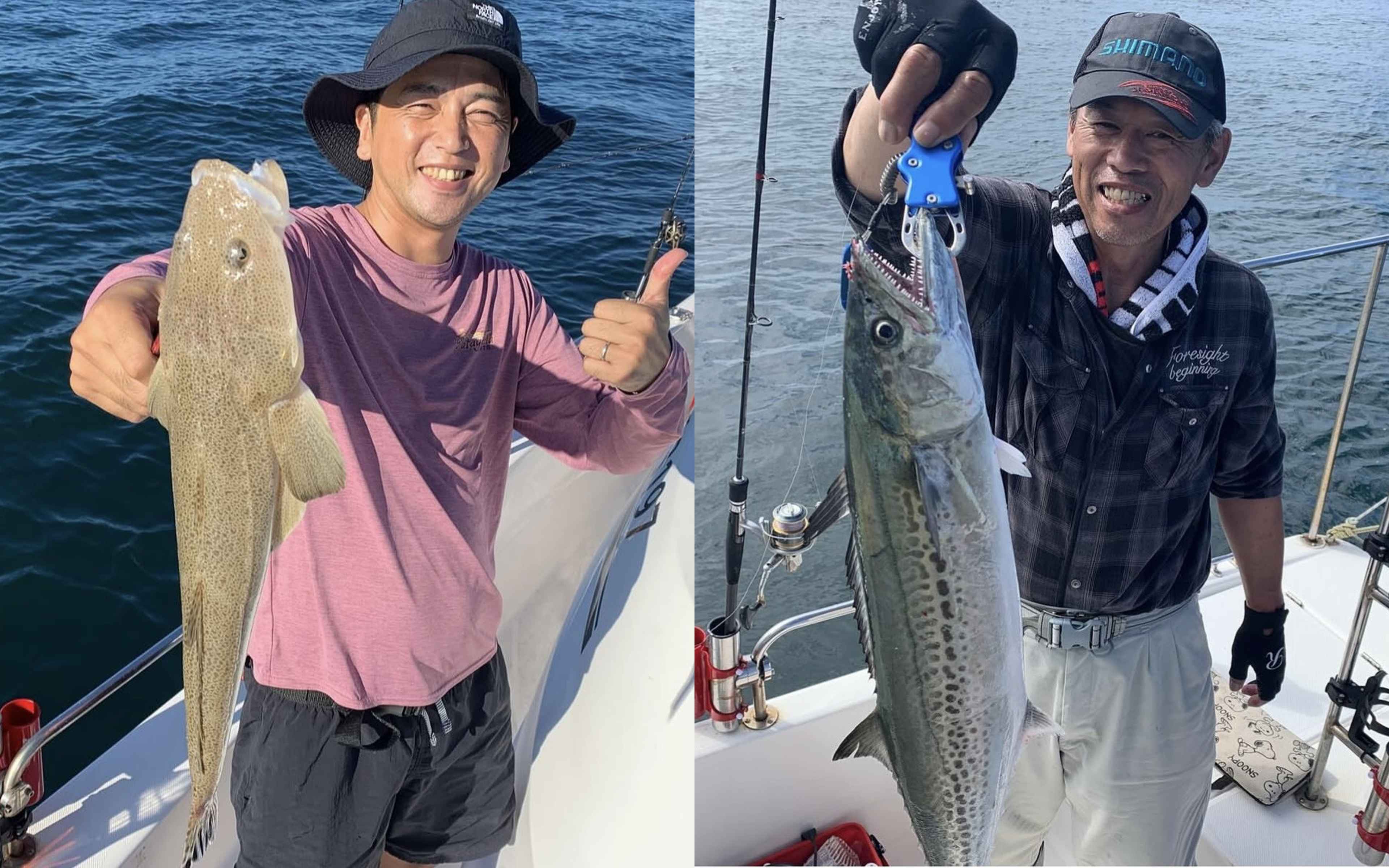 A man giving a thumbs-up with a flathead, and a man holding up a Spanish mackerel on a fish grip