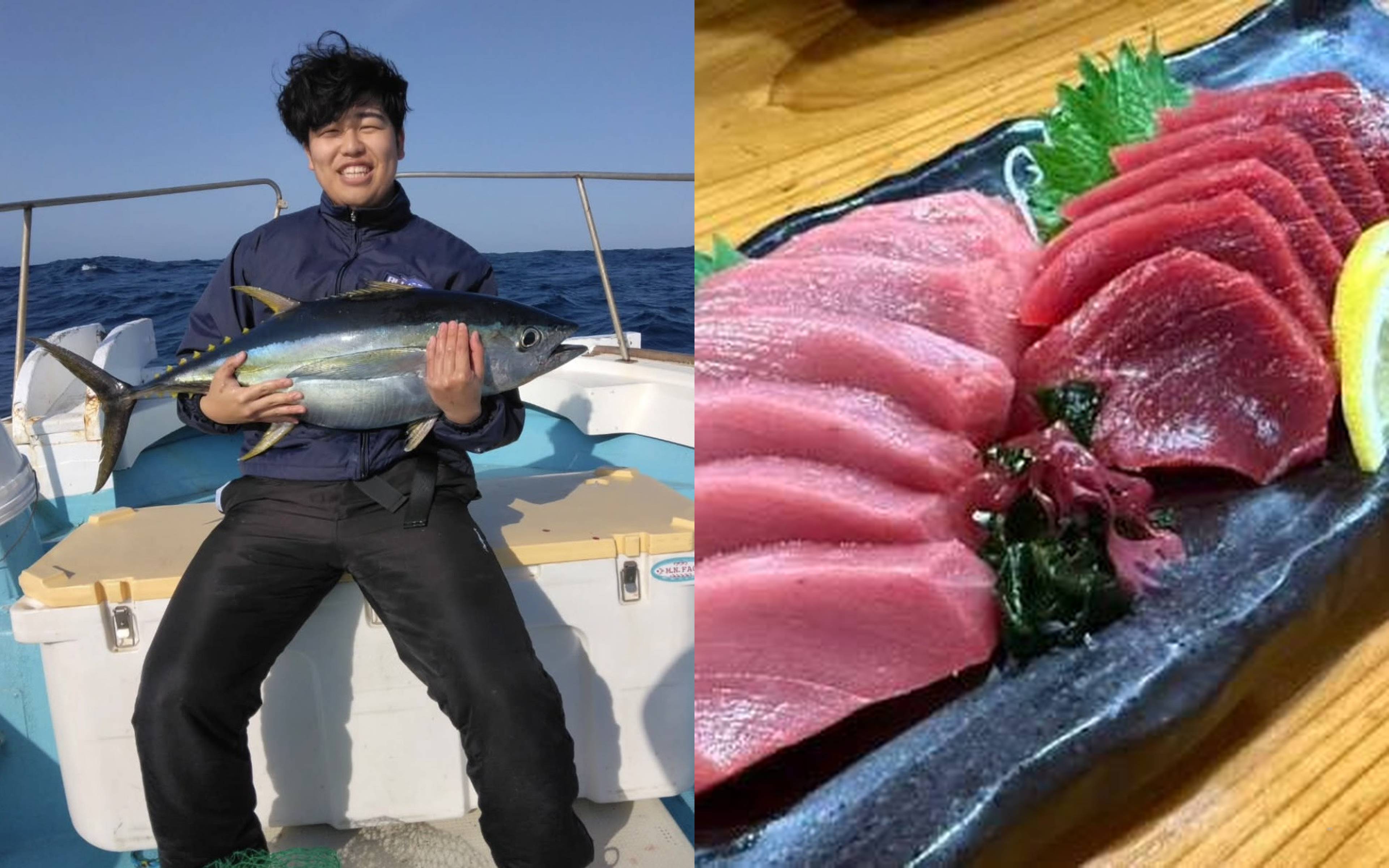 An angler sitting on a cooler with a tuna in his arms, and a platter of tuna sashimi