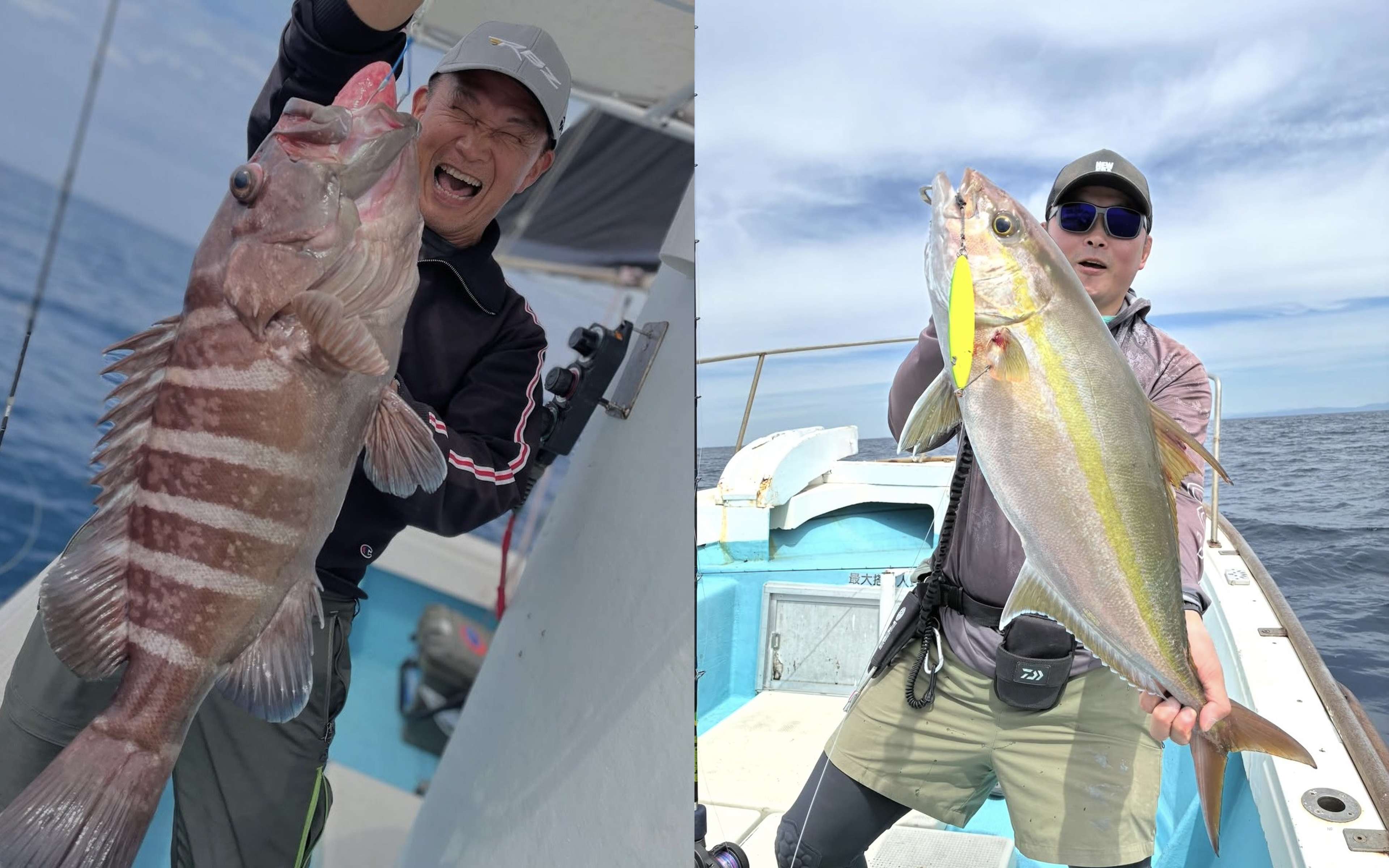 An angler laughing with a red-banded grouper, and another holding a big yellow-lined jack