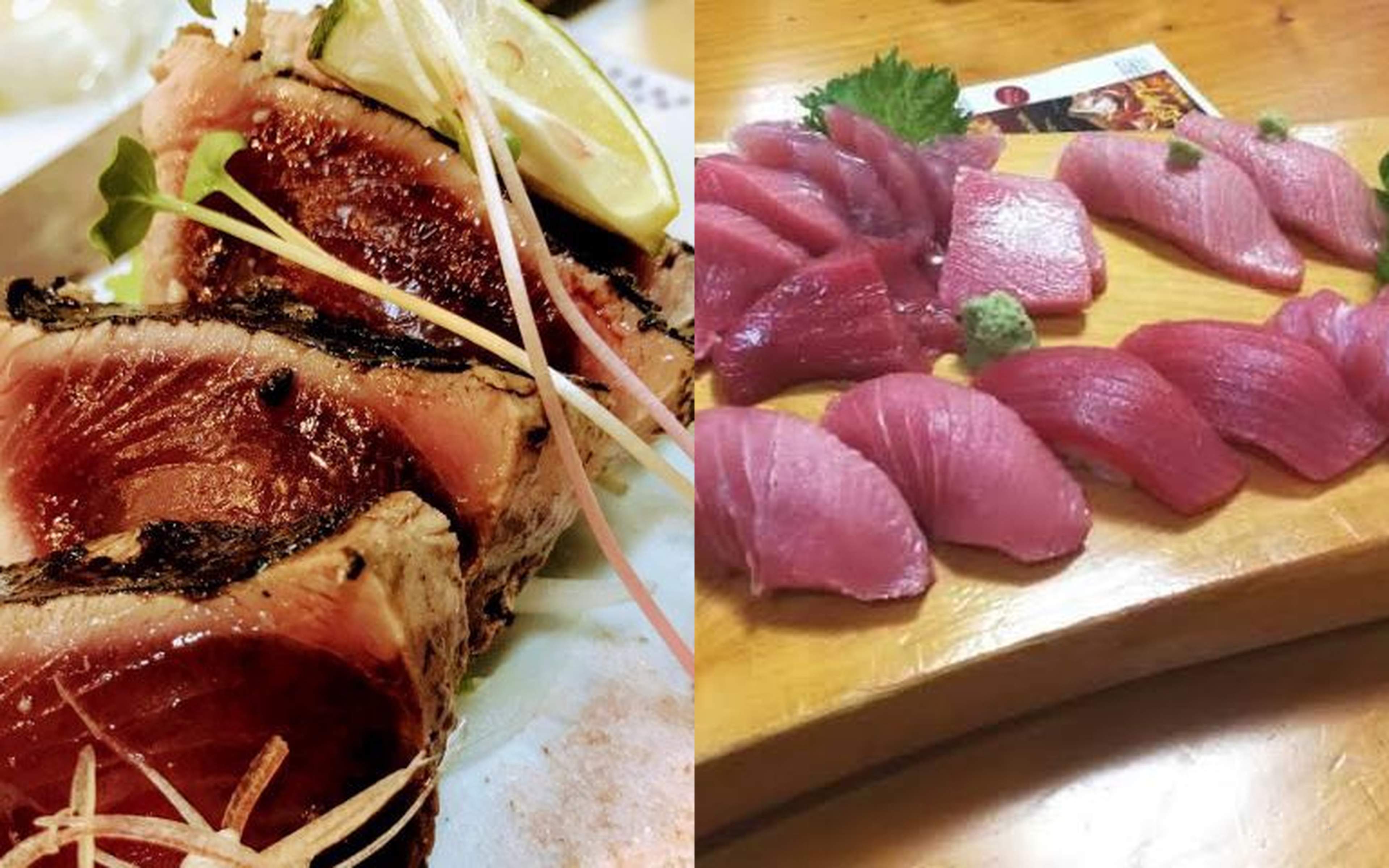 Seared fish tataki, and a board of tuna nigiri