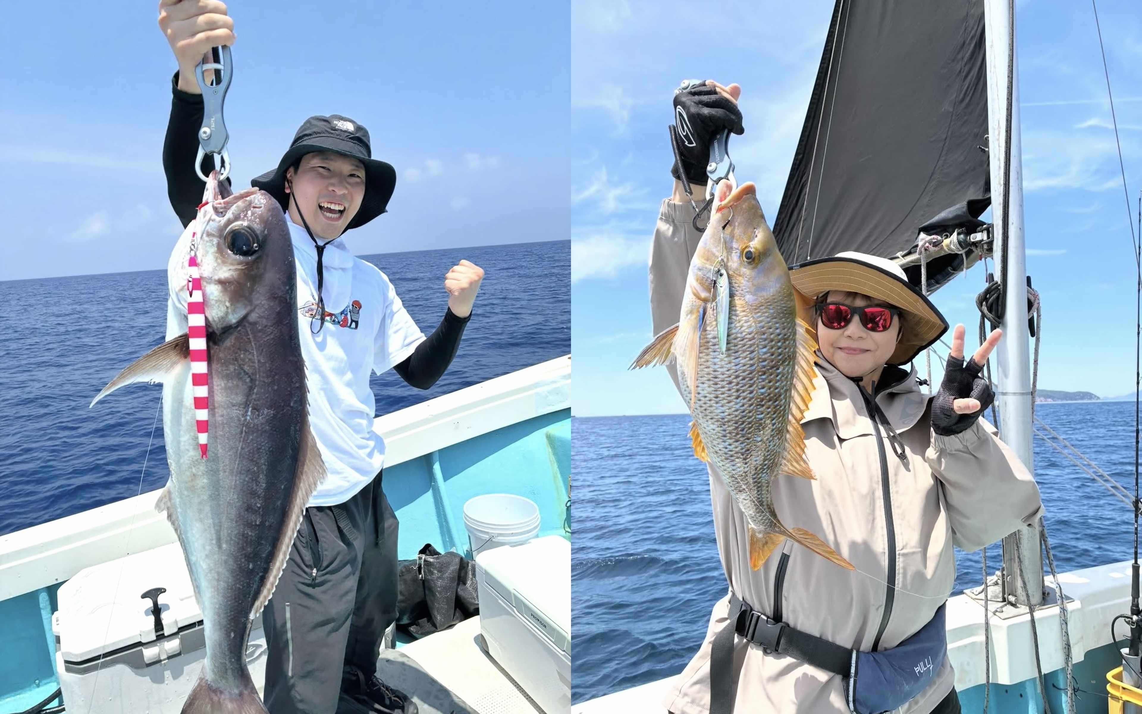 An angler holding a big-eyed fish with the jig still attached, and a woman with a yellow-striped fish
