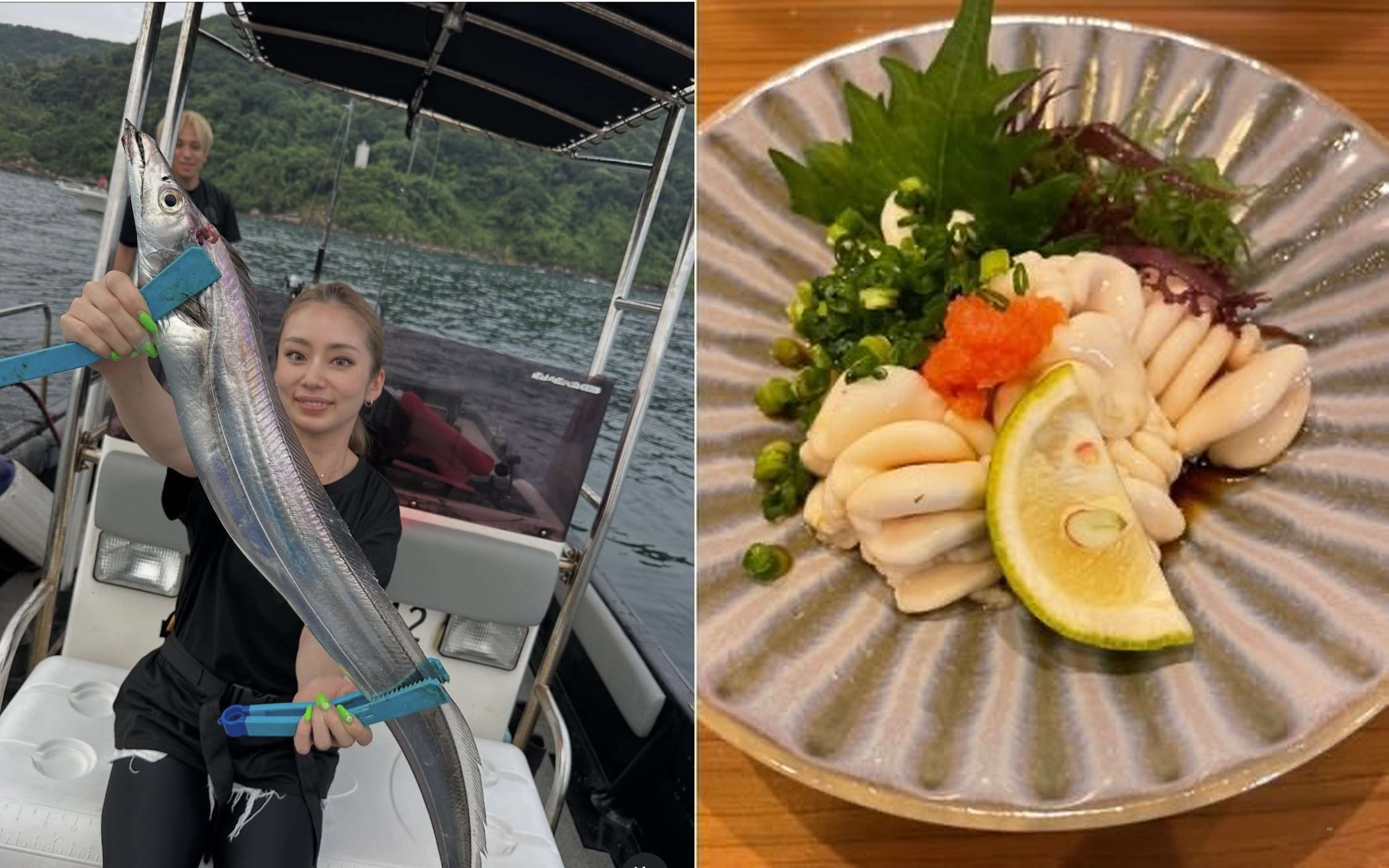 A woman holding up a hairtail on a fish grip, and a small dish of milt with ponzu