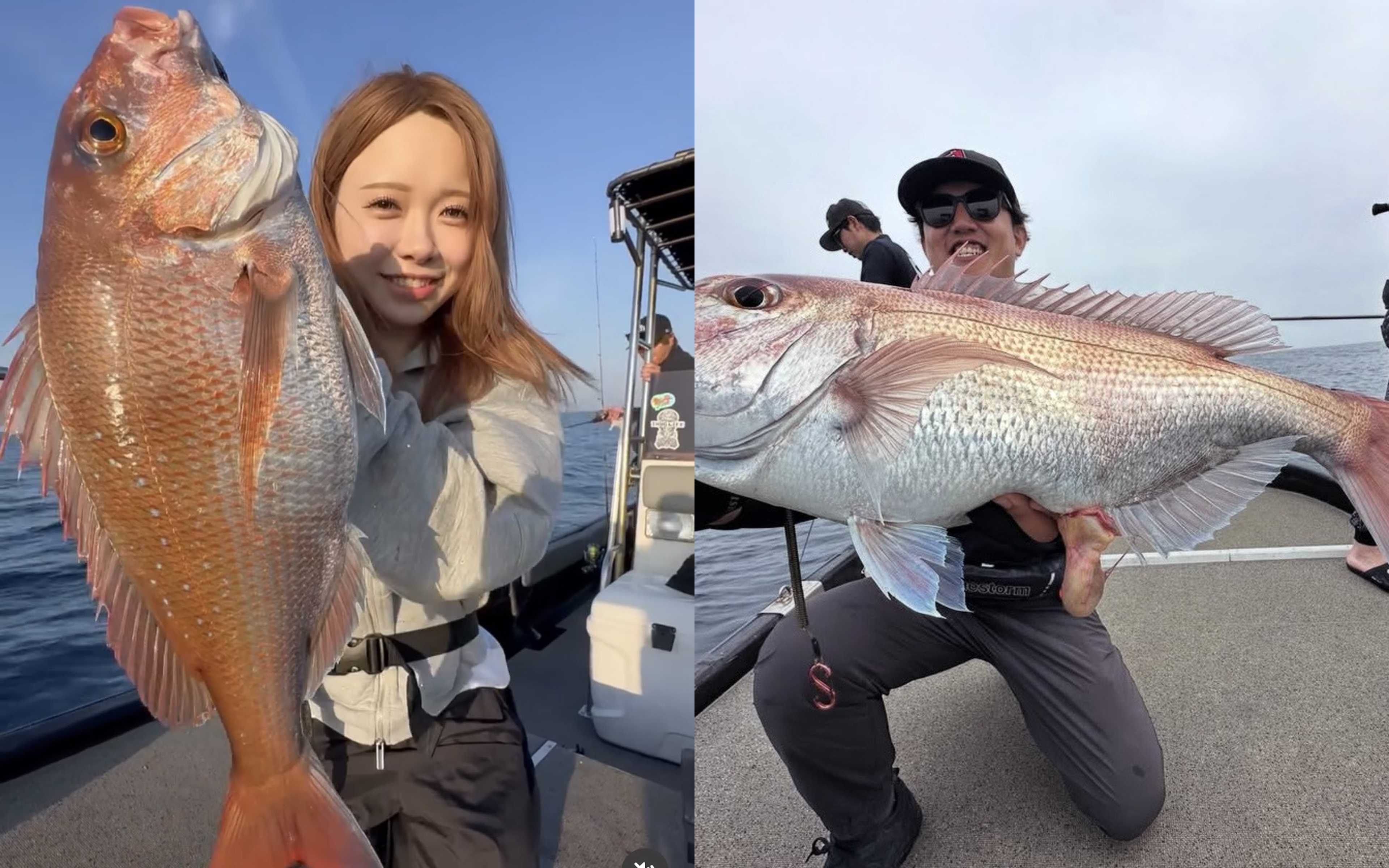 A woman holding a red sea bream beside her face, and a man kneeling with a large red sea bream