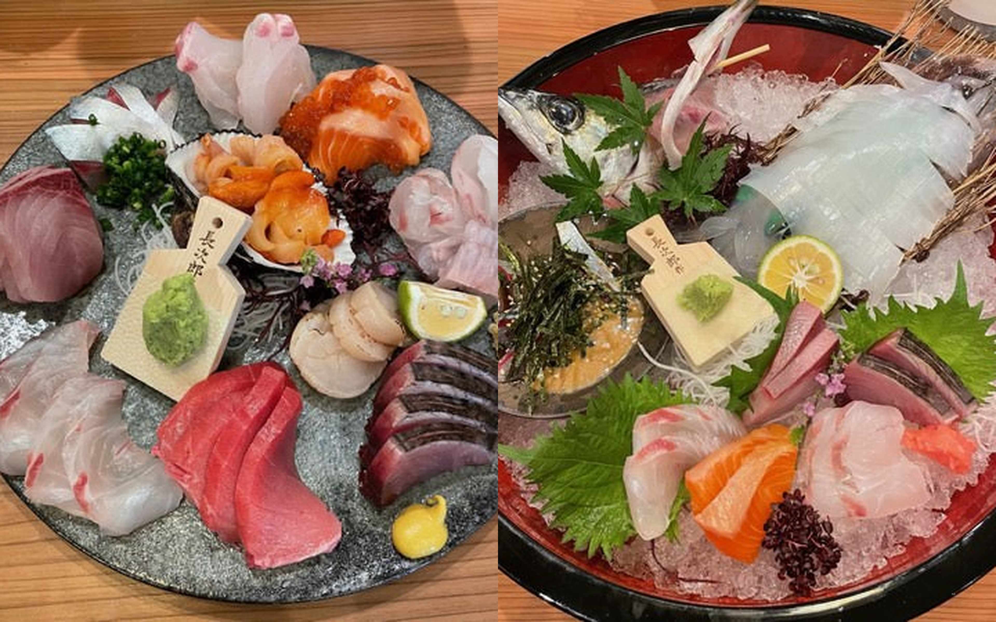 Two platters of mixed sashimi