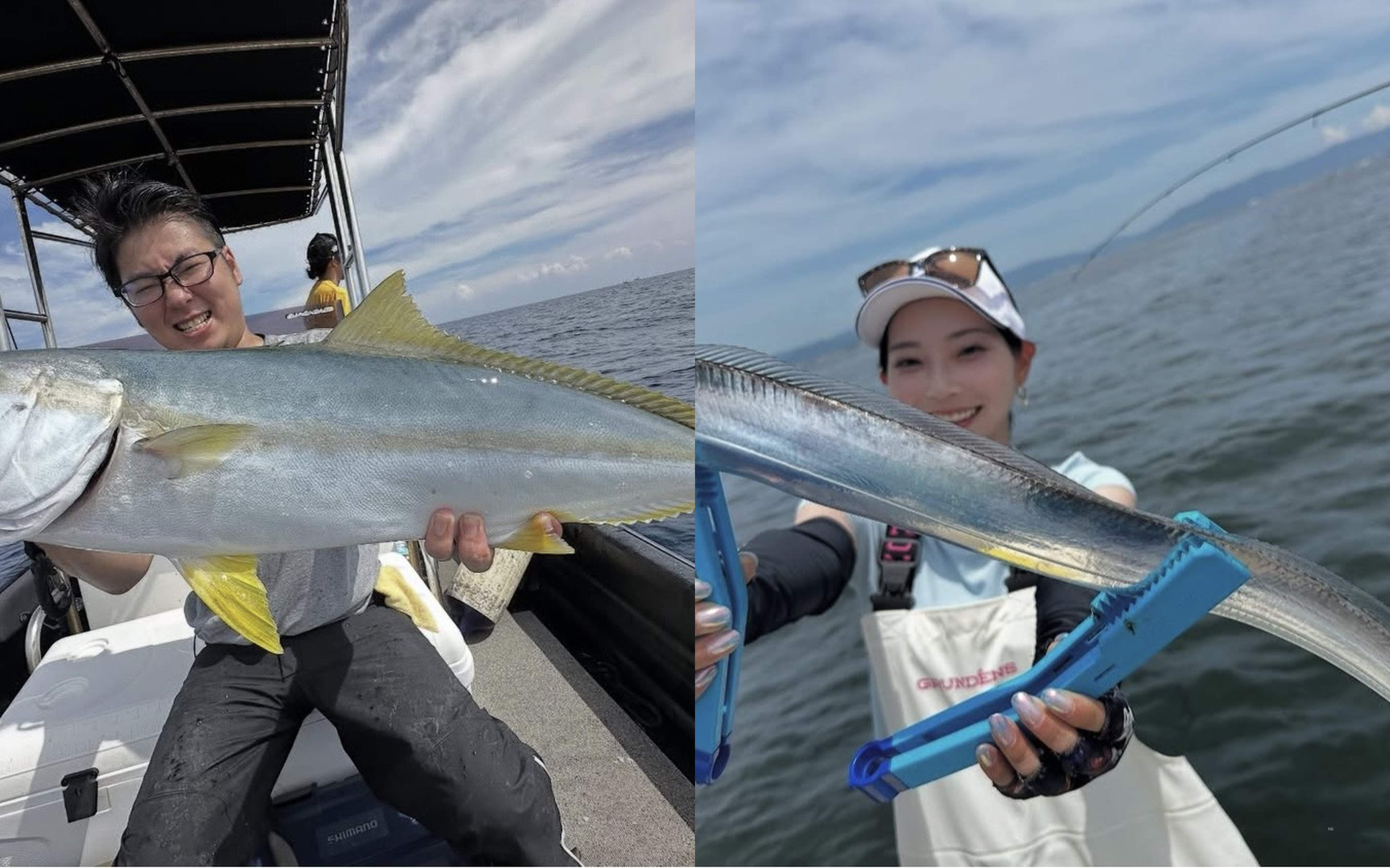 A man holding a yellow-striped yellowtail, and a woman with a hairtail