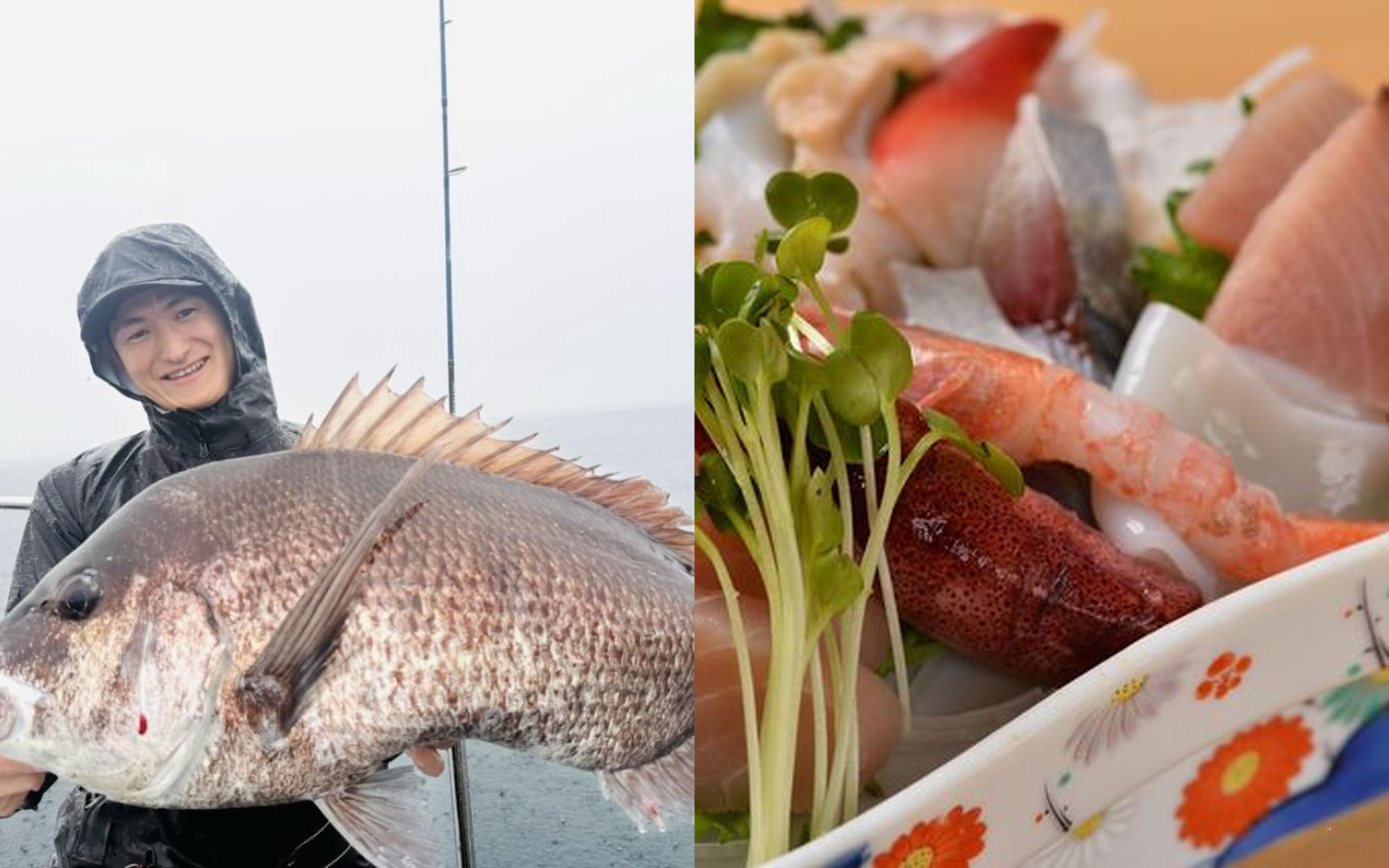 An angler's catch from Arimagawa alongside a sashimi platter