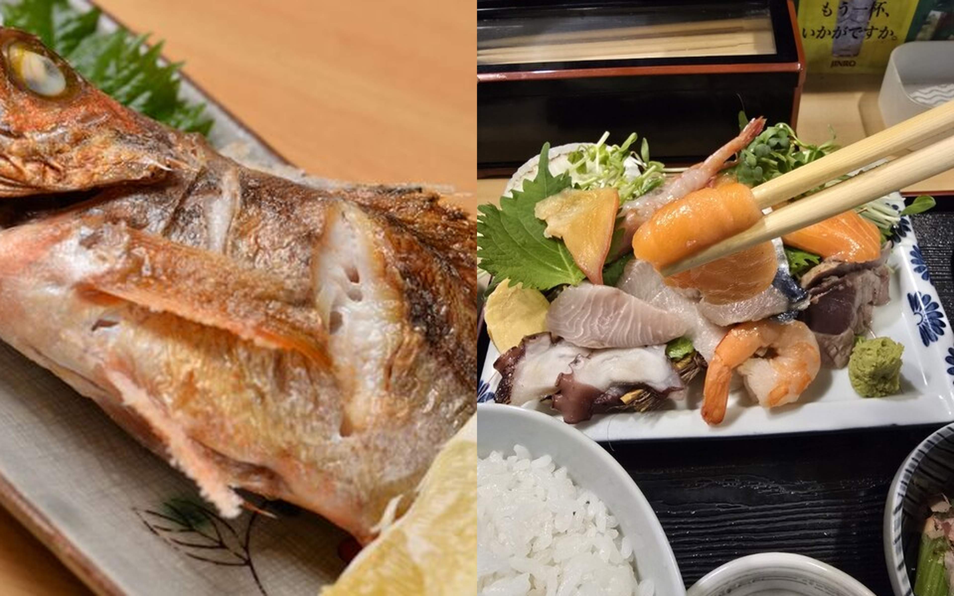 A grilled fish and sashimi set meal at a Naoetsu seafood restaurant