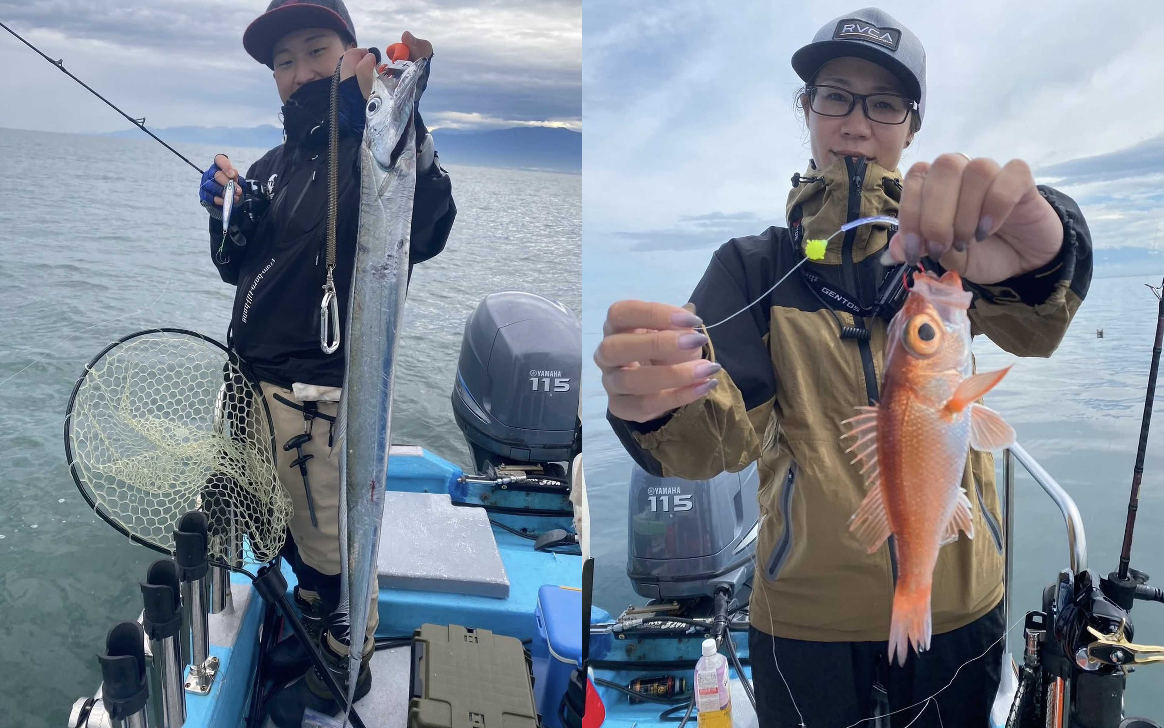 An angler holding up a hairtail and a small red fish caught on a night charter