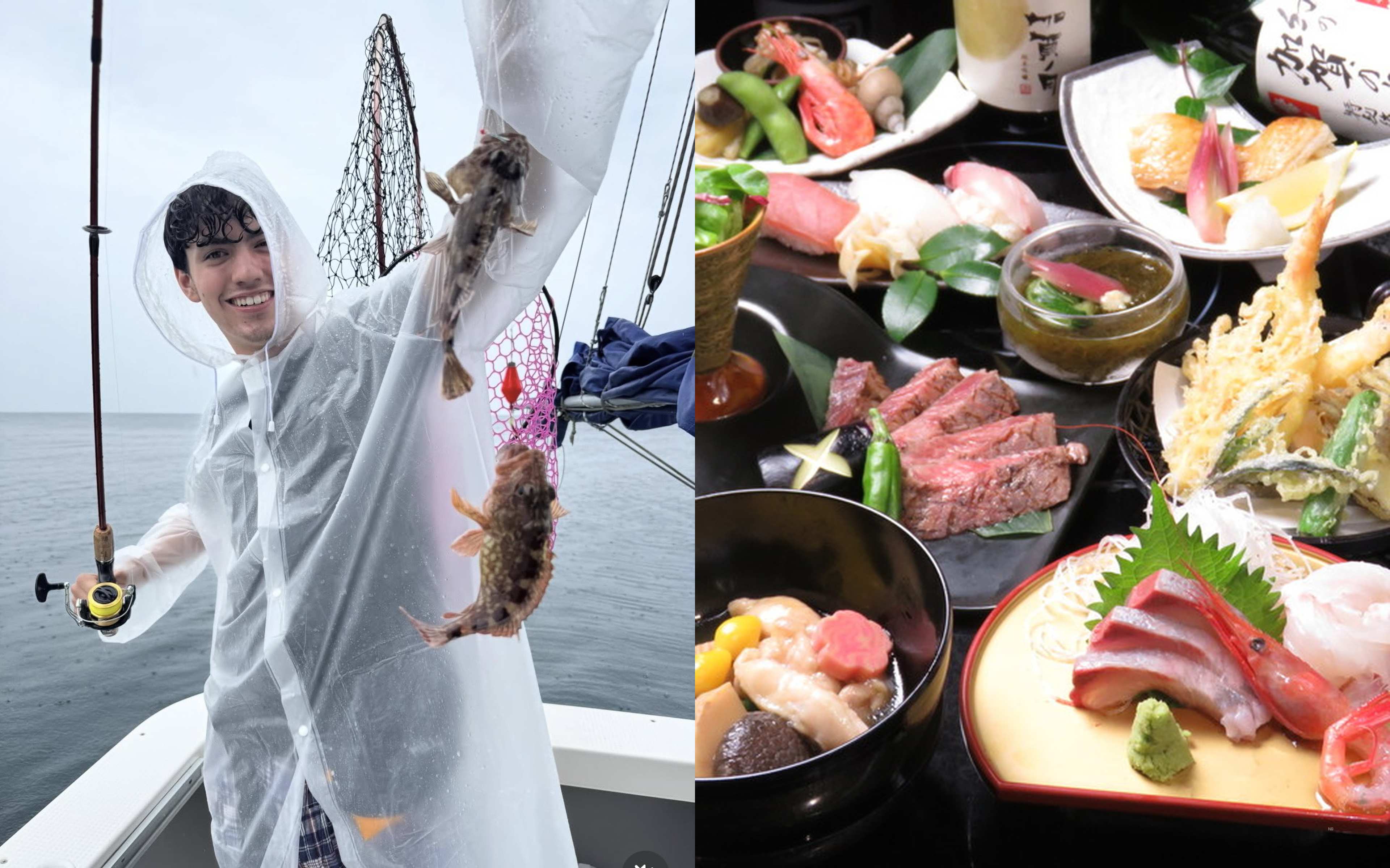 A foreign angler in a rain jacket holding up his catch, paired with a plated seafood dinner