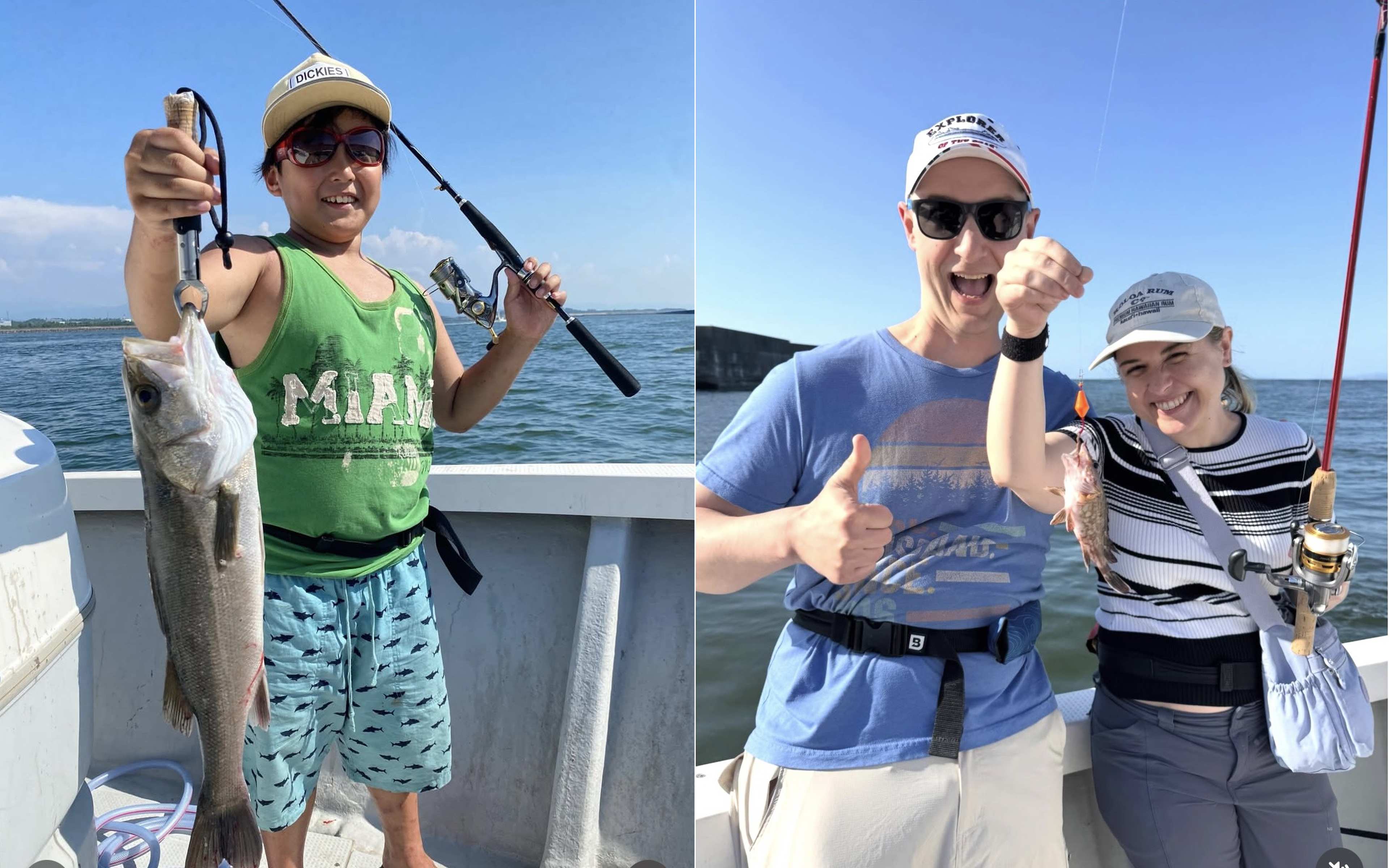 A boy's catch next to a pair of foreign travelers holding up a smaller fish