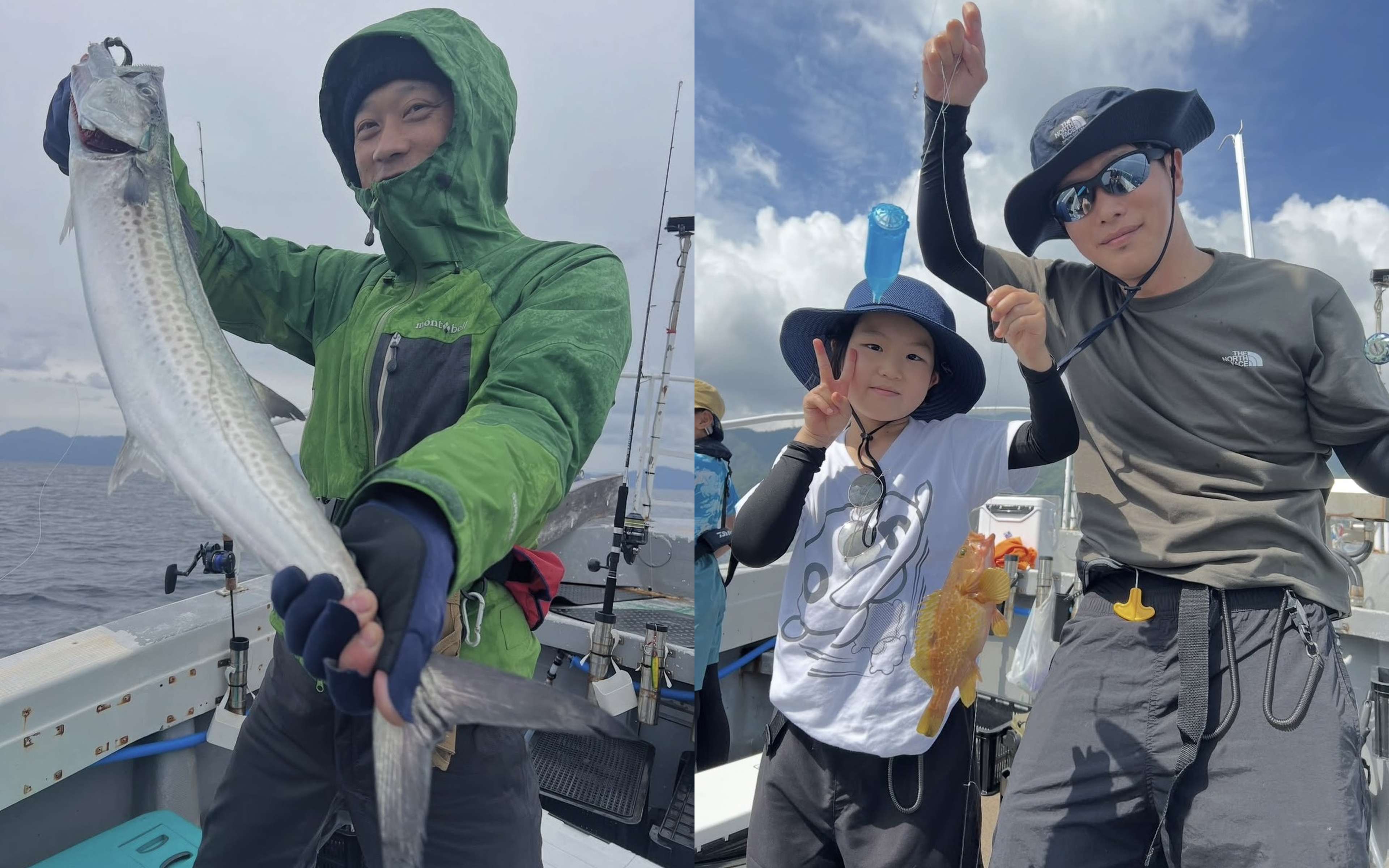 A man holding a blue-backed fish next to a child holding a small rockfish