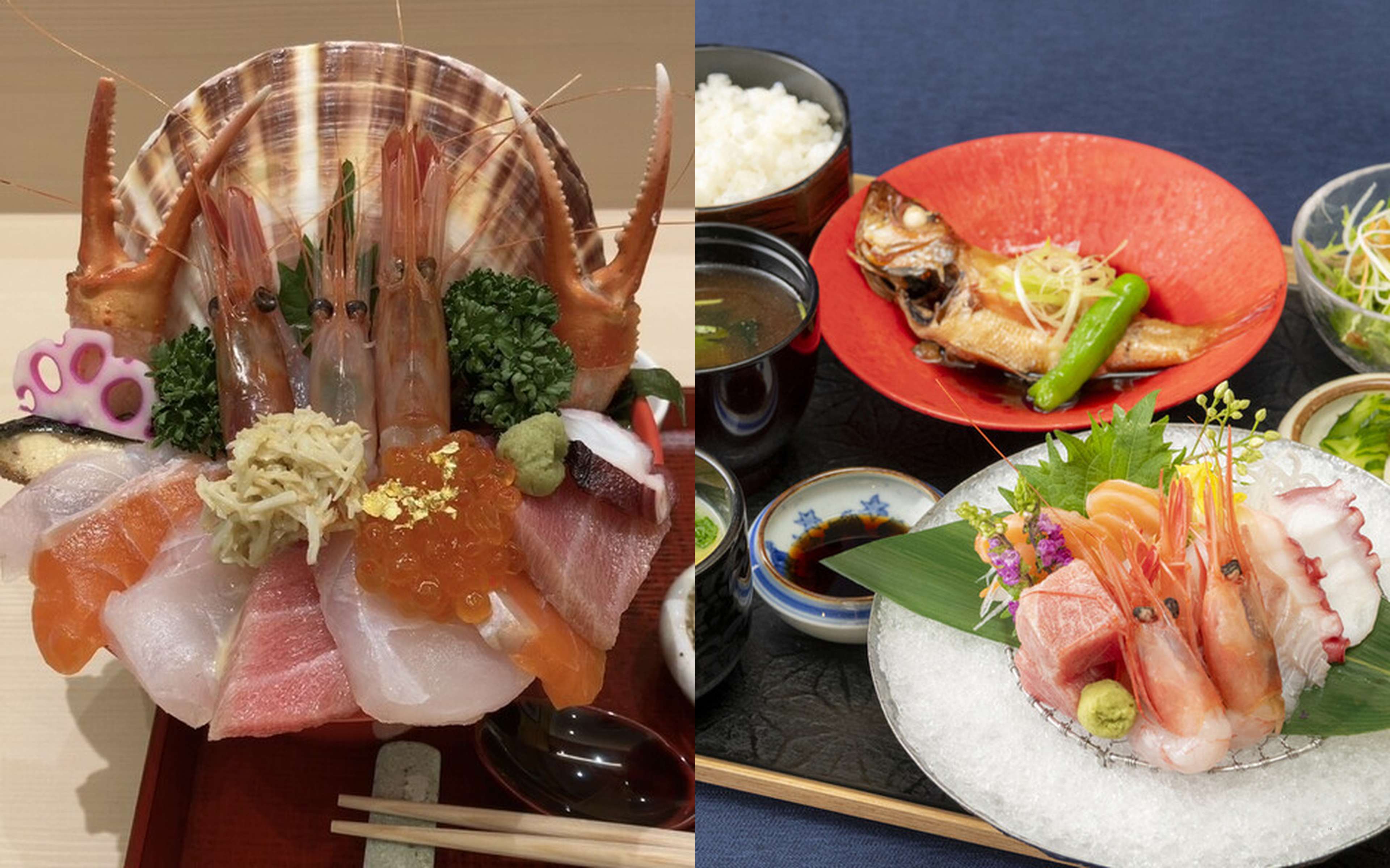 A seafood rice bowl served alongside grilled fish and sashimi