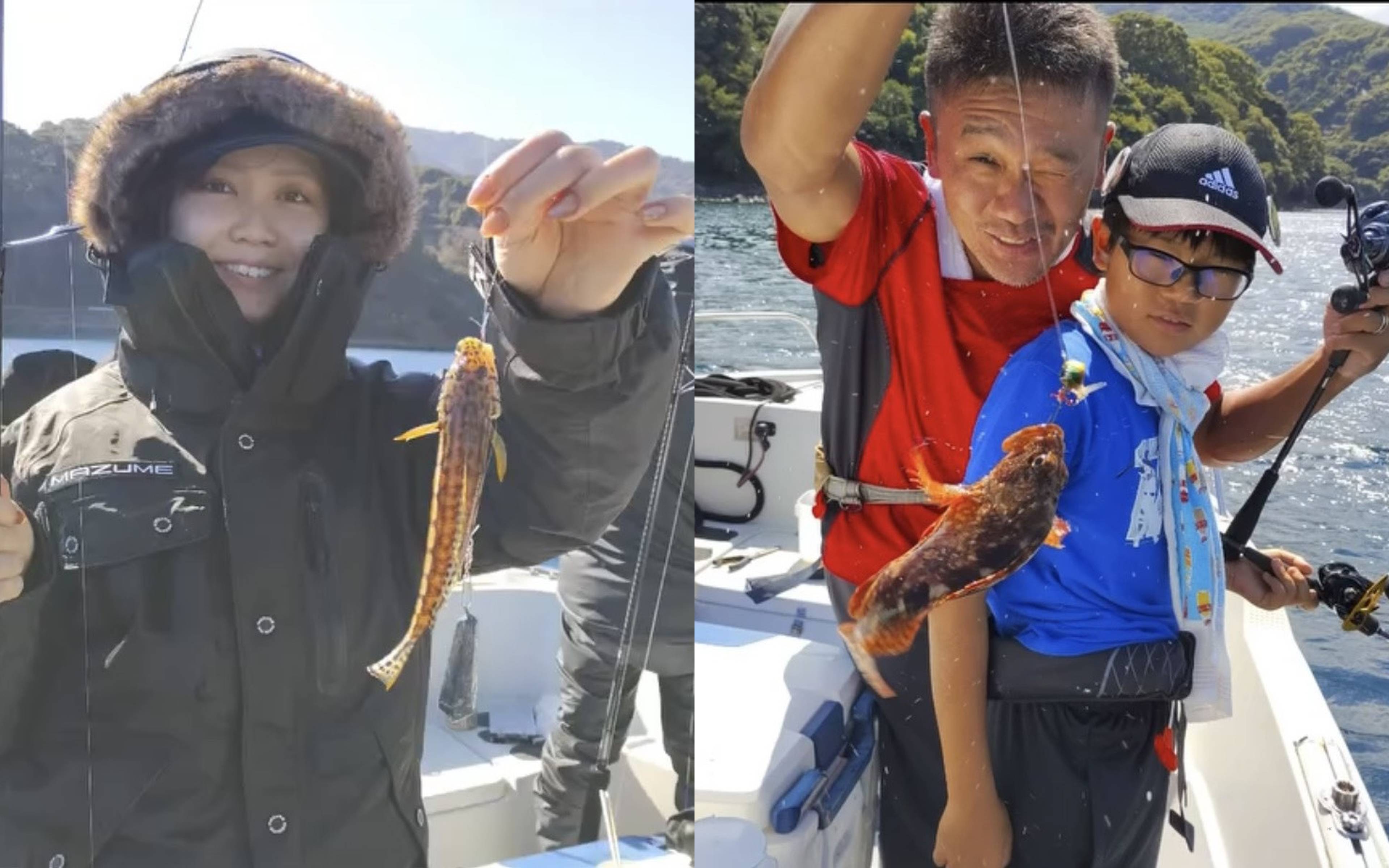 A parent and child with a woman angler holding rockfish on the deck of a private charter
