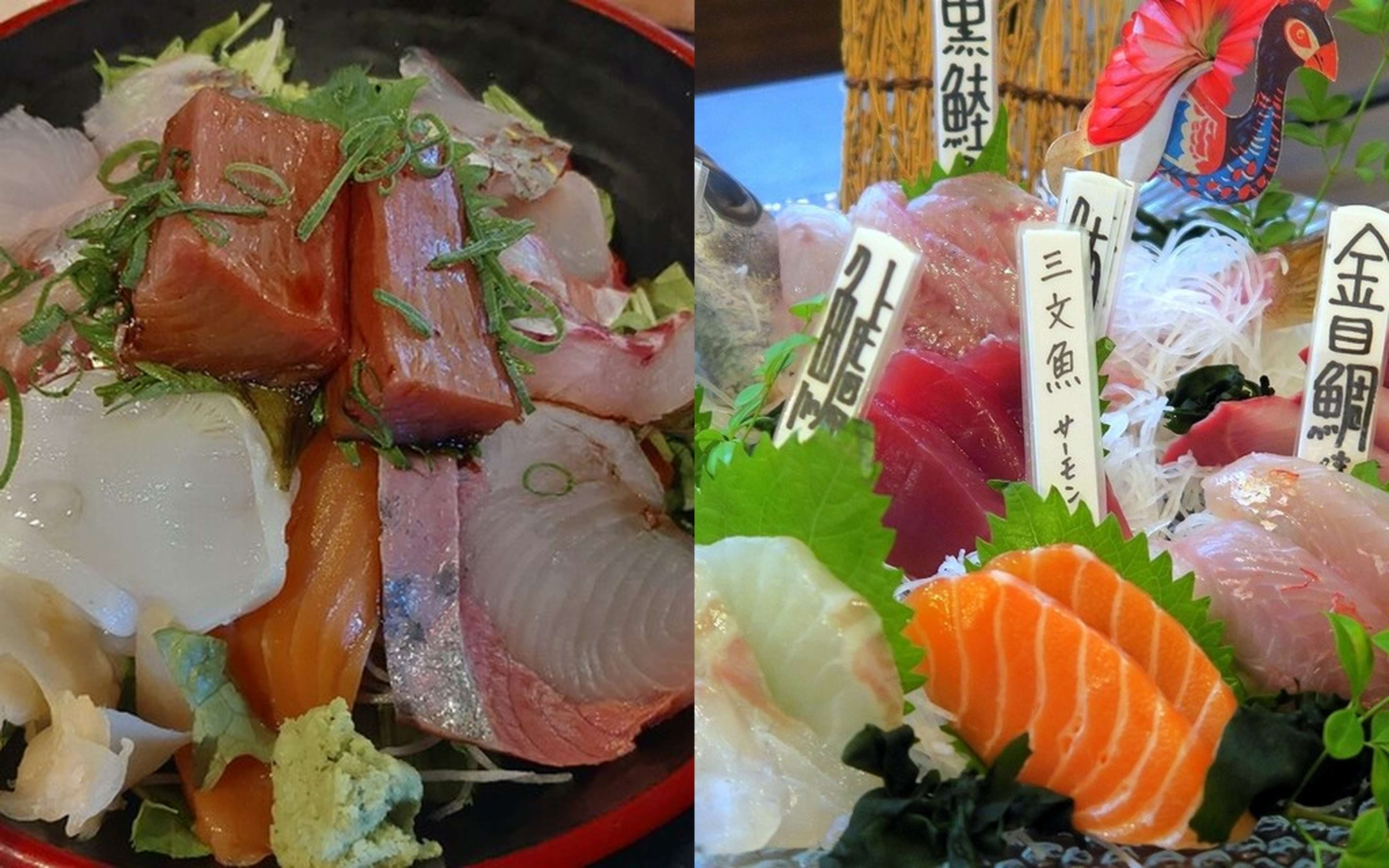 A sashimi platter with wooden nameplates labeling each fish
