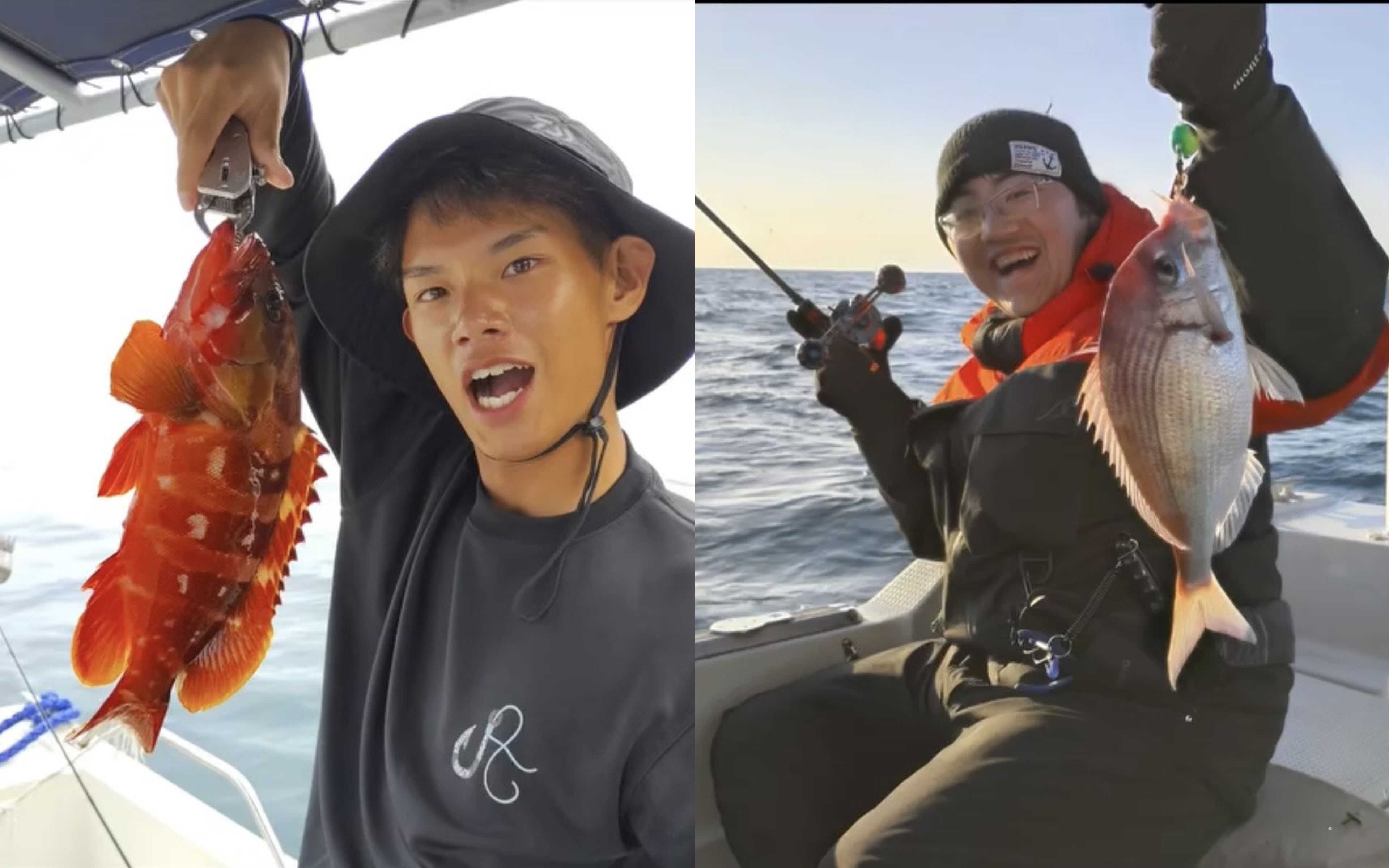 A vermillion rockfish and a small red sea bream held up together after a private charter catch